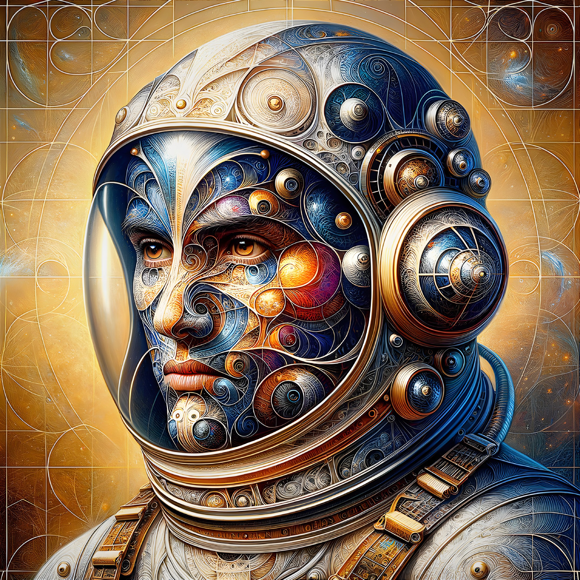 Detailed Astronaut Face with Cosmic Patterns and Colors