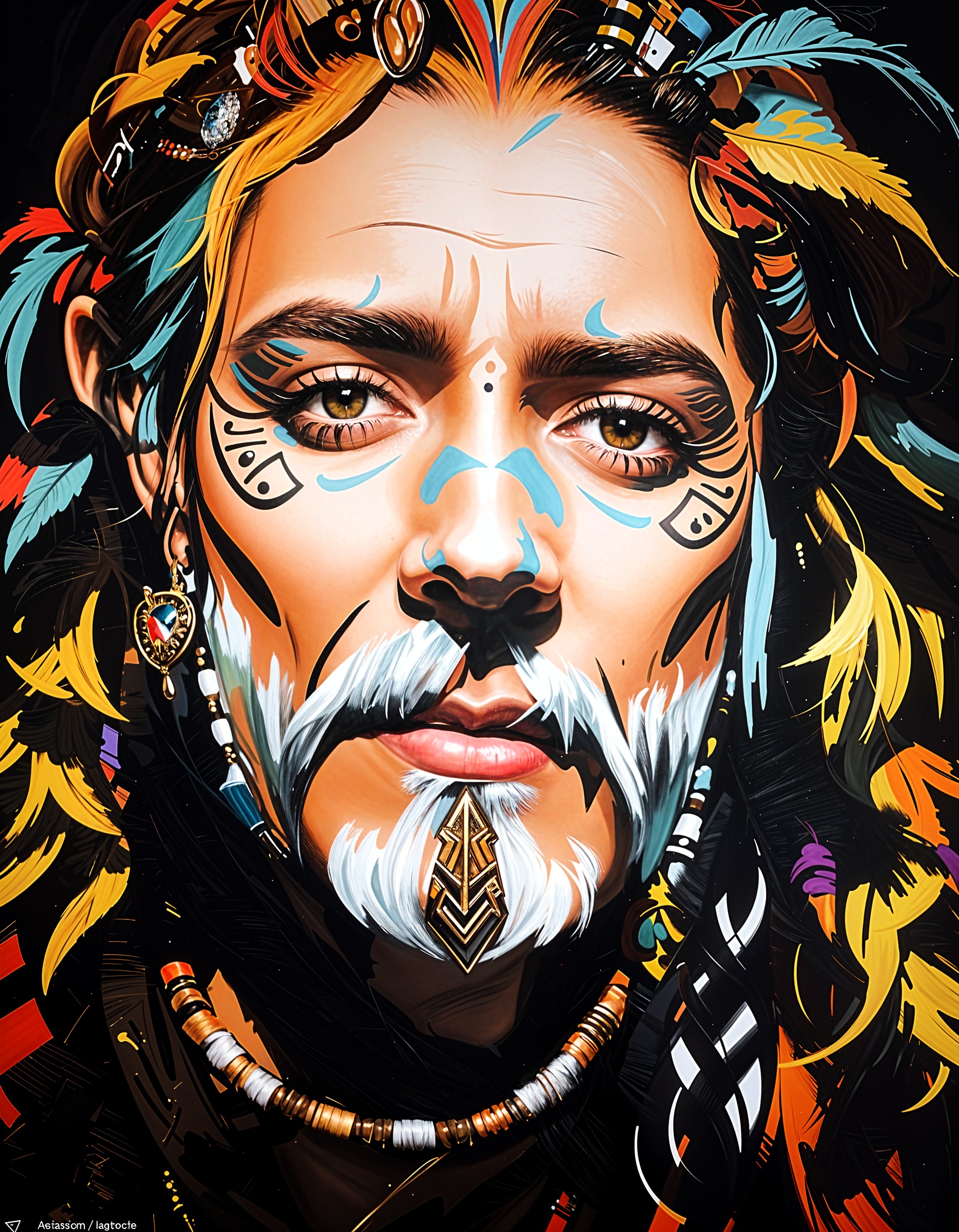 Vibrant portrait of a person with tribal makeup and feathers.