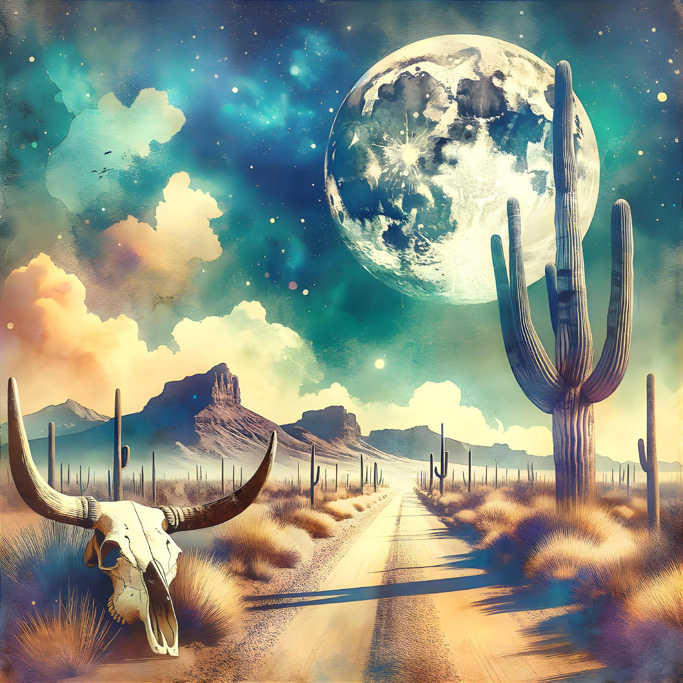Desert Landscape with Mountains and Full Moon