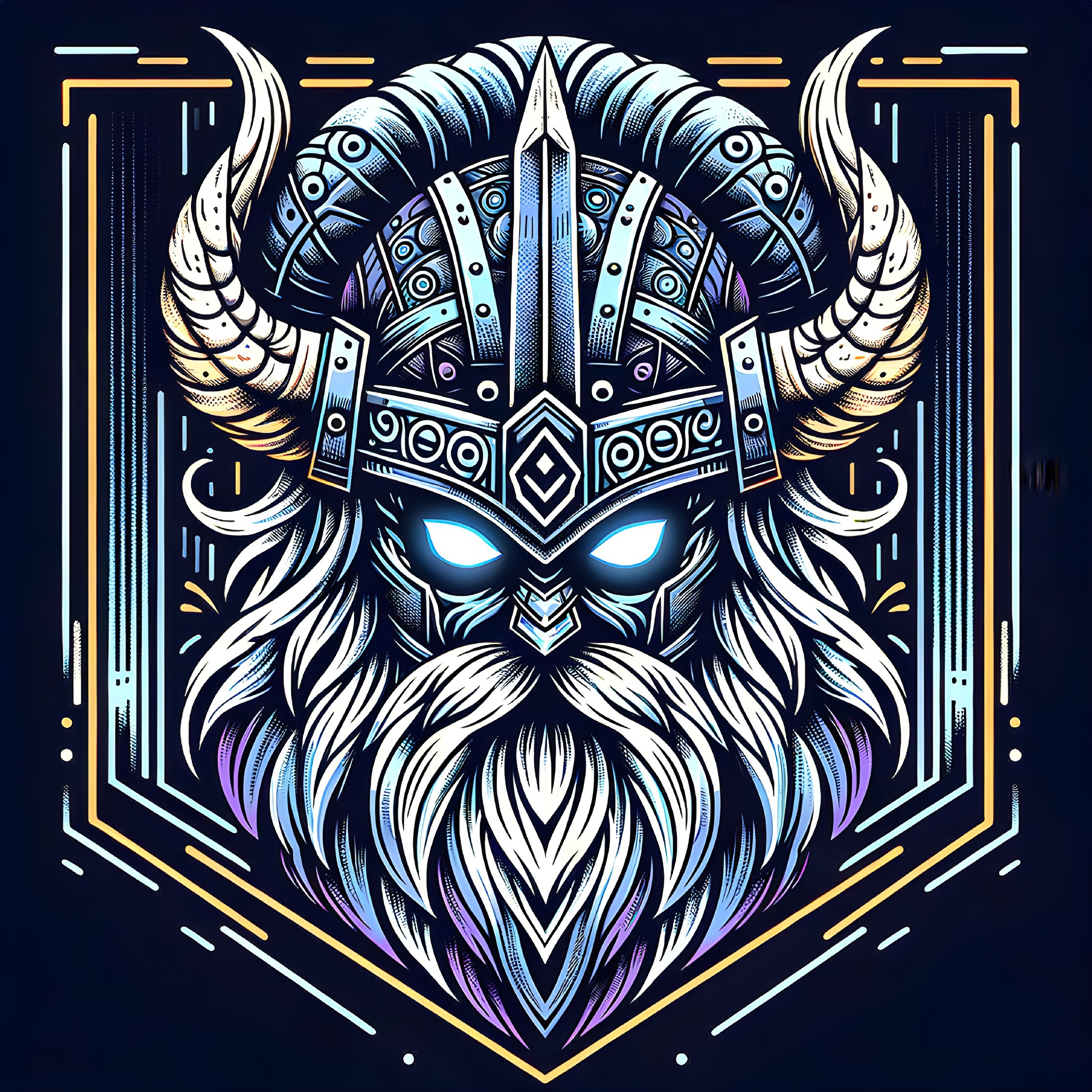 Detailed illustration of figure with blue glowing eyes, horned helmet, beard, and geometric patterns