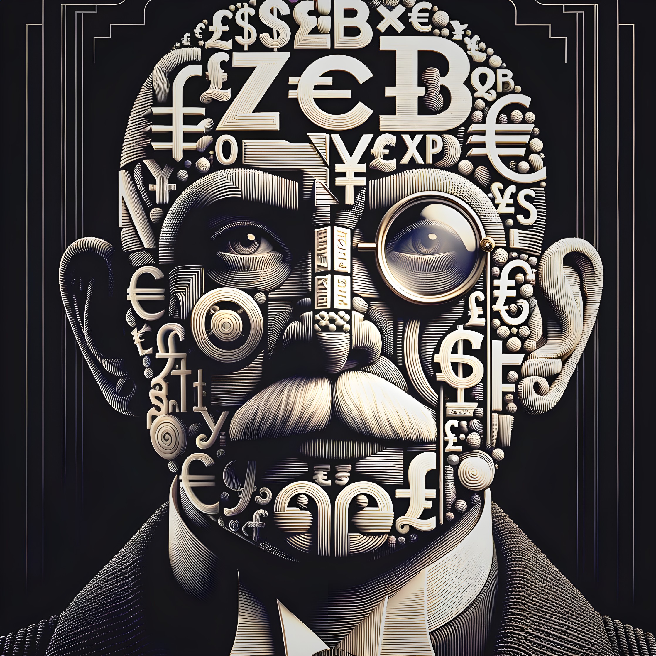 Stylized Portrait of a Man Made of Currency Symbols