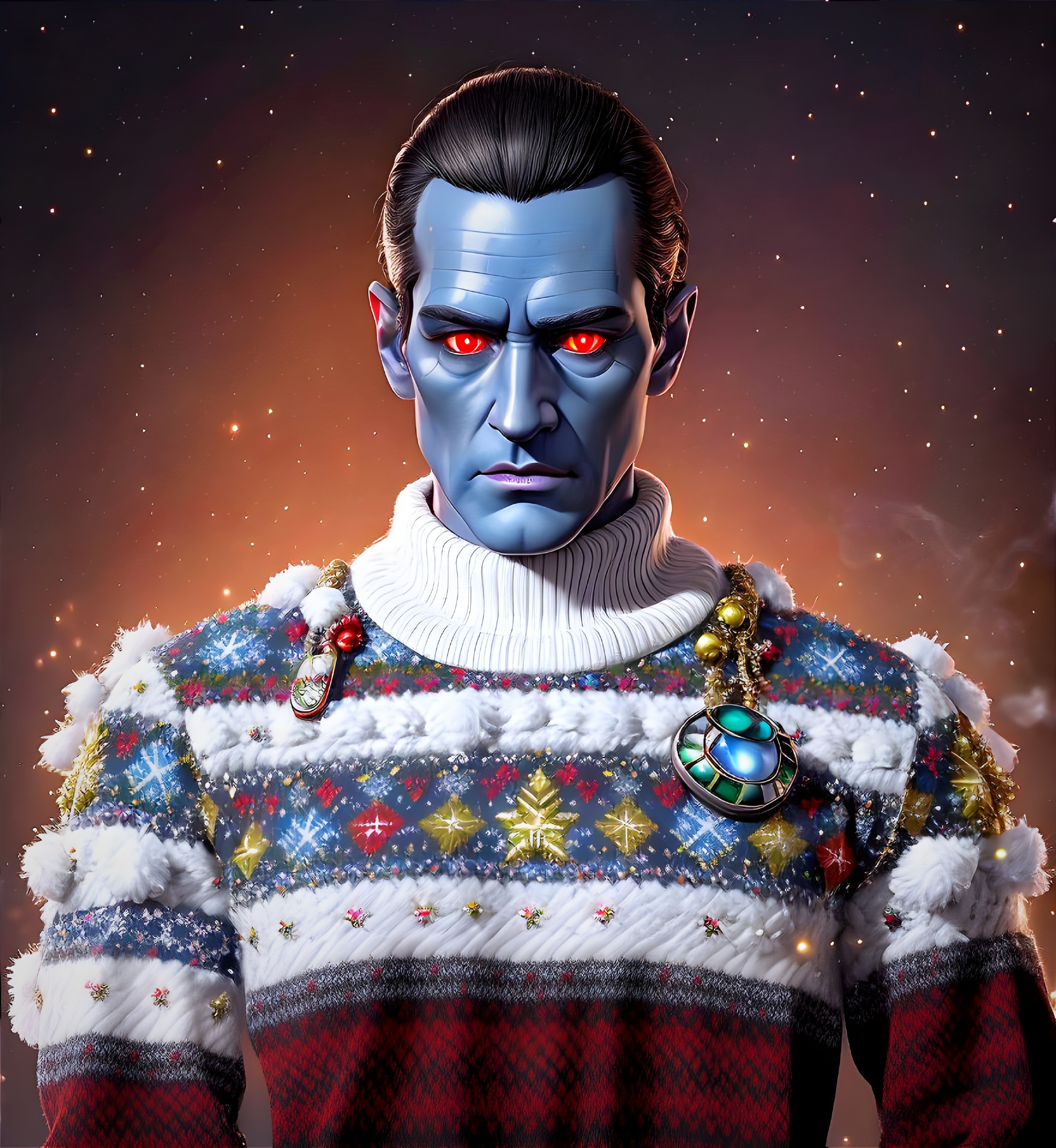 Blue-skinned humanoid in ornate holiday sweater on starry backdrop