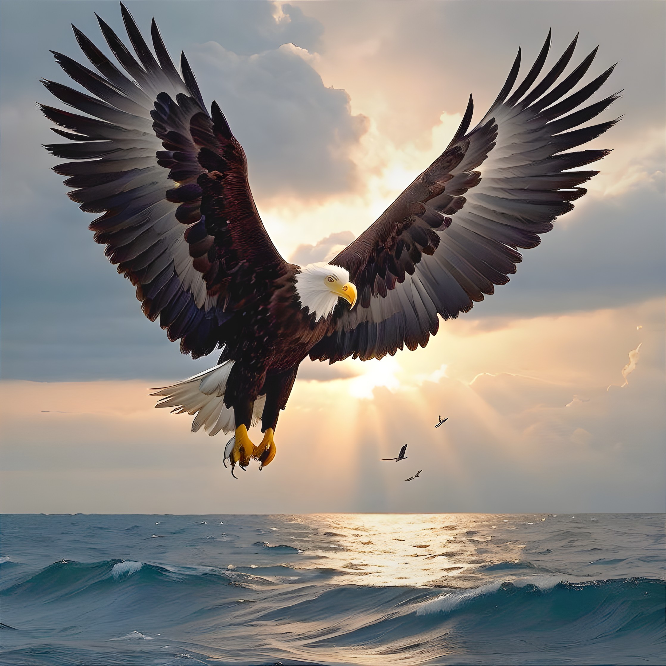 Majestic bald eagle soaring against dramatic ocean backdrop