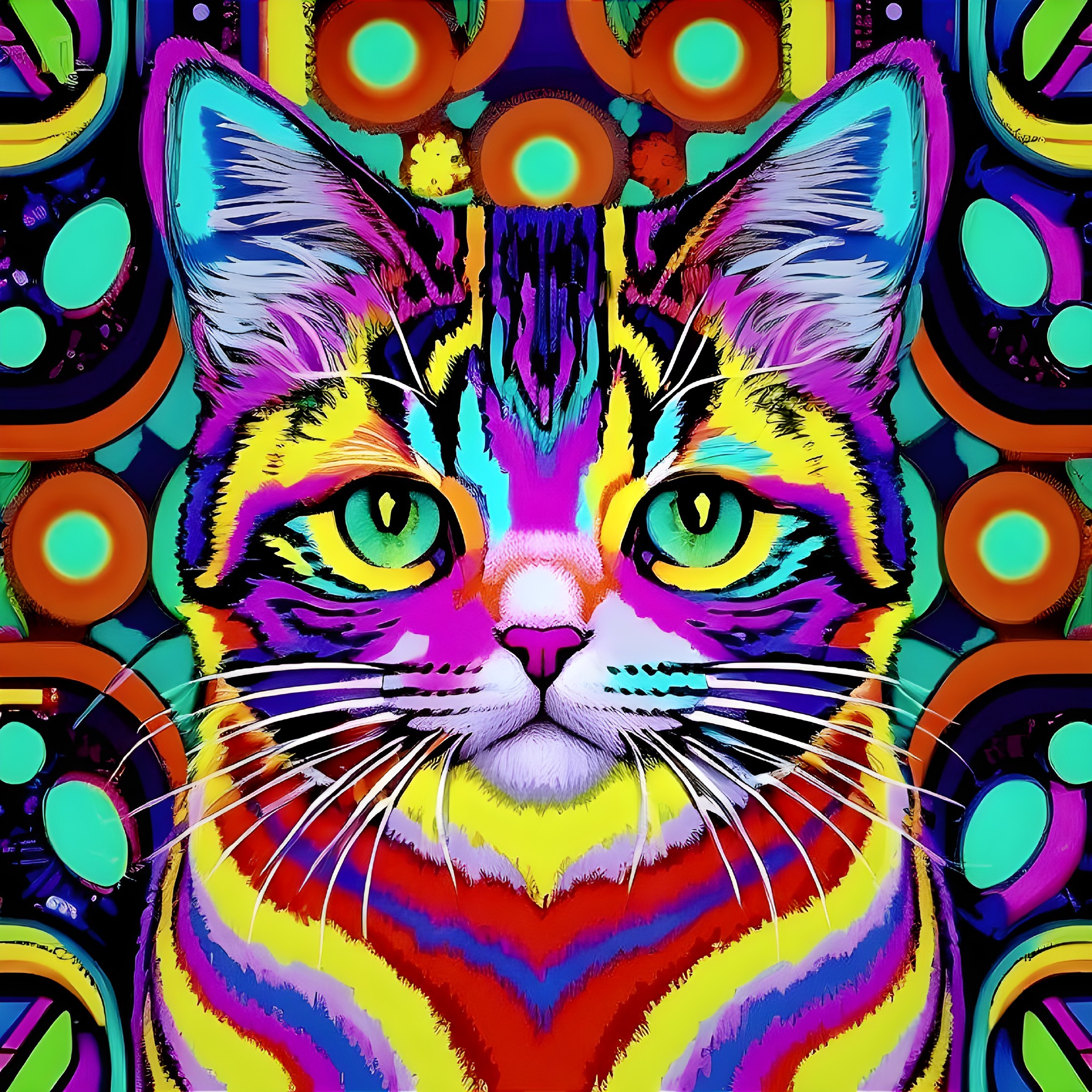 Psychedelic Cat Illustration with Abstract Background