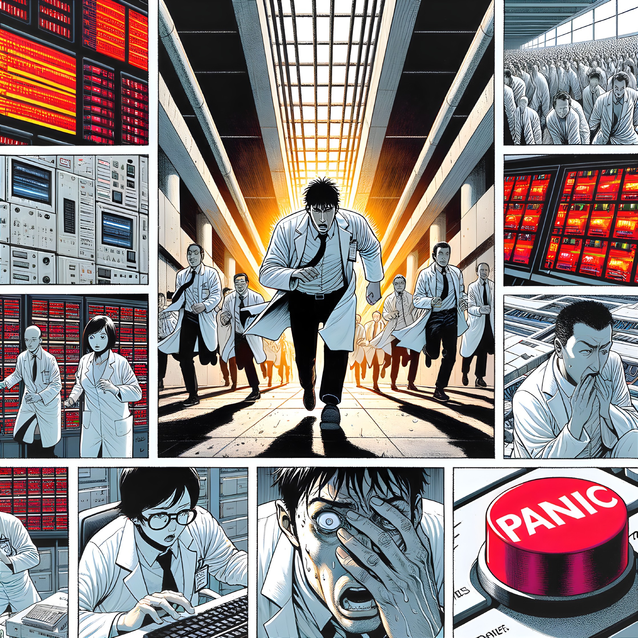 Scientist in Lab Coat Amidst High-Tech Panic Scene