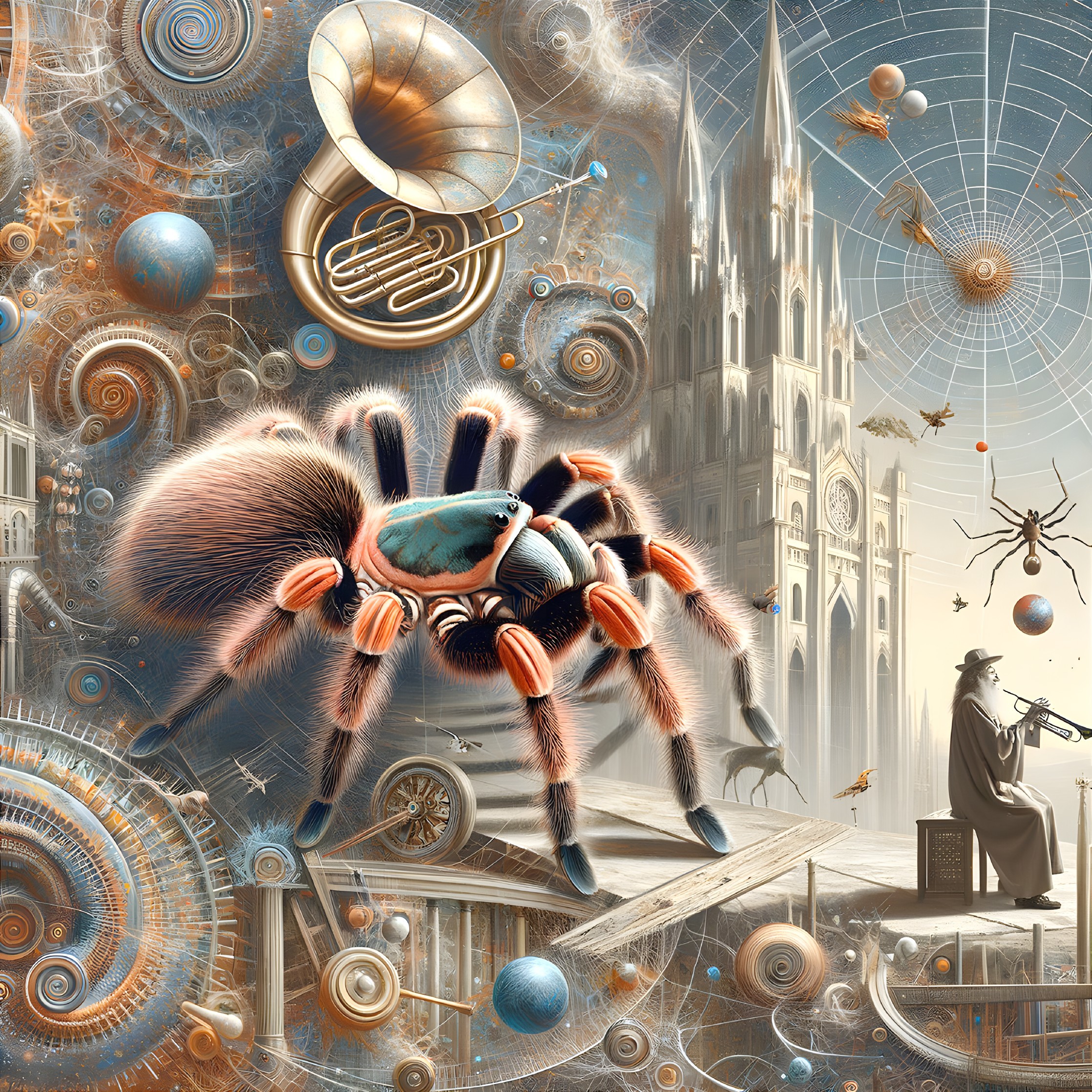 Surreal Scene of Tarantula with Steampunk and Cosmic Elements