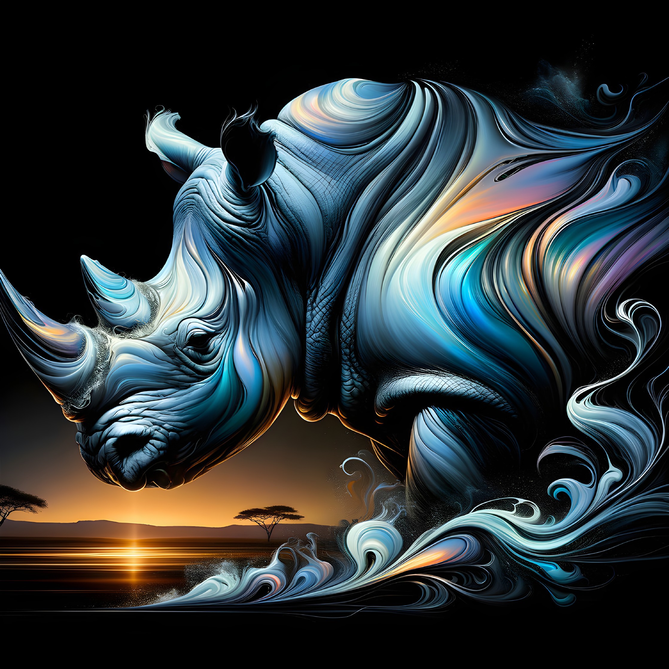 Abstract Rhinoceros with Sunset Savanna Background