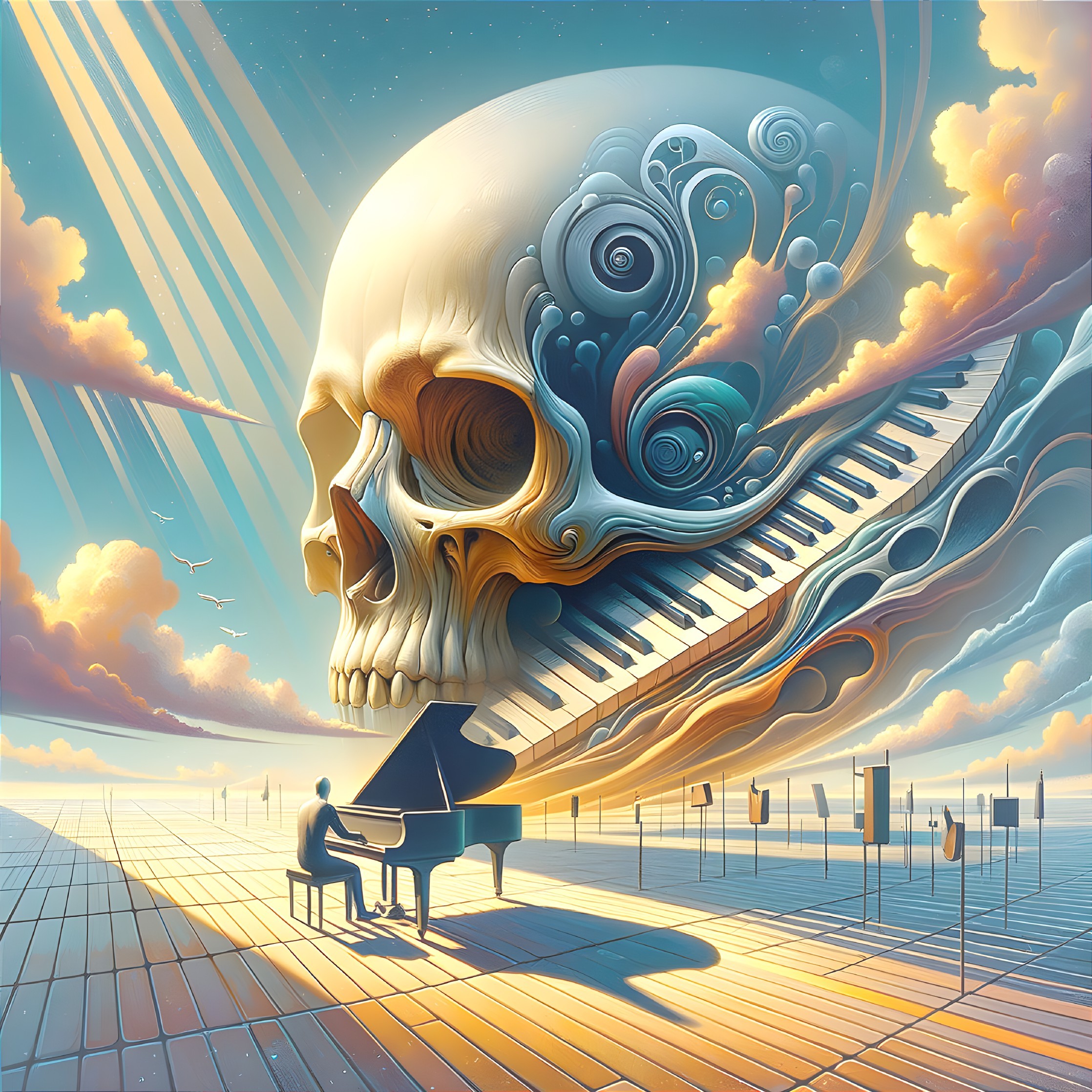 Surreal Scene with Giant Skull and Grand Piano