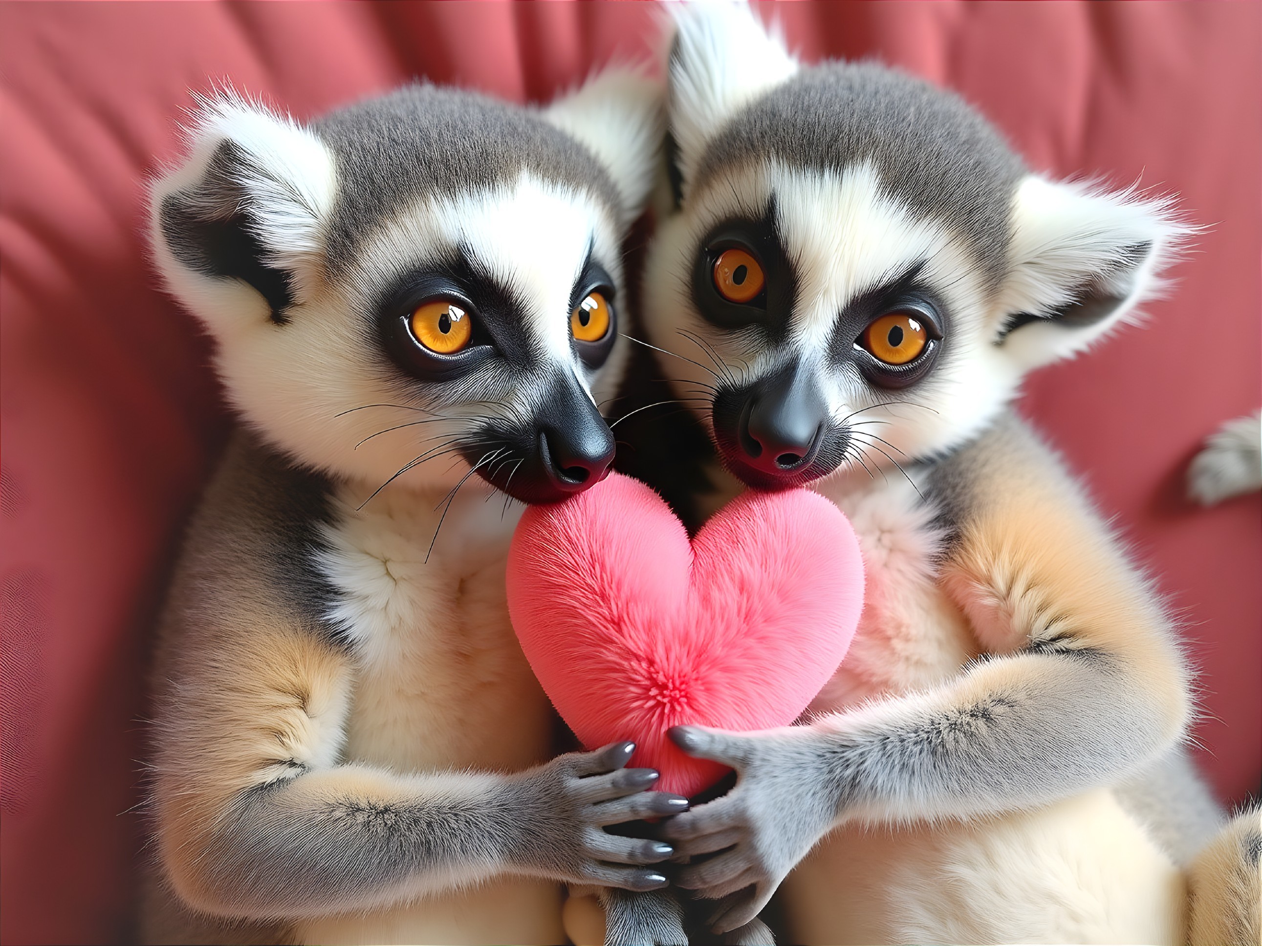 Lemurs Cuddling with Plush Heart in Soft Background