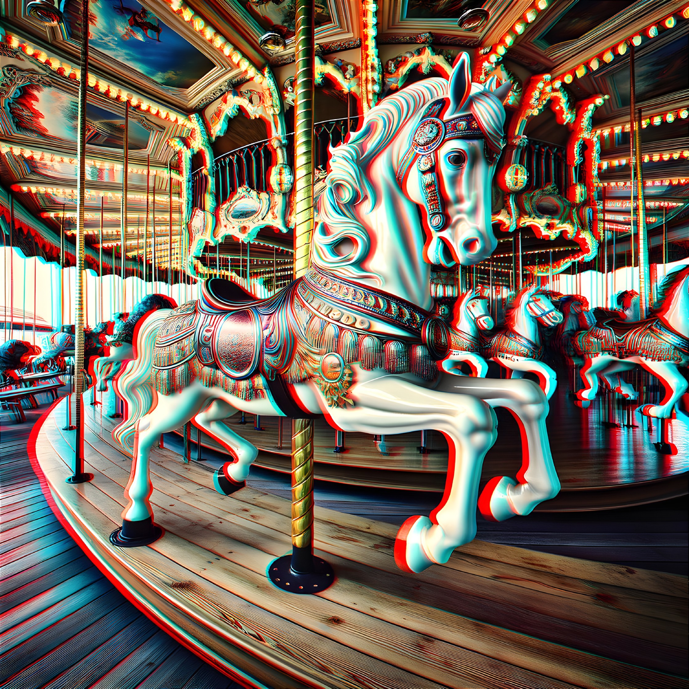 Elegant Carousel with White Horse and Colorful Lights
