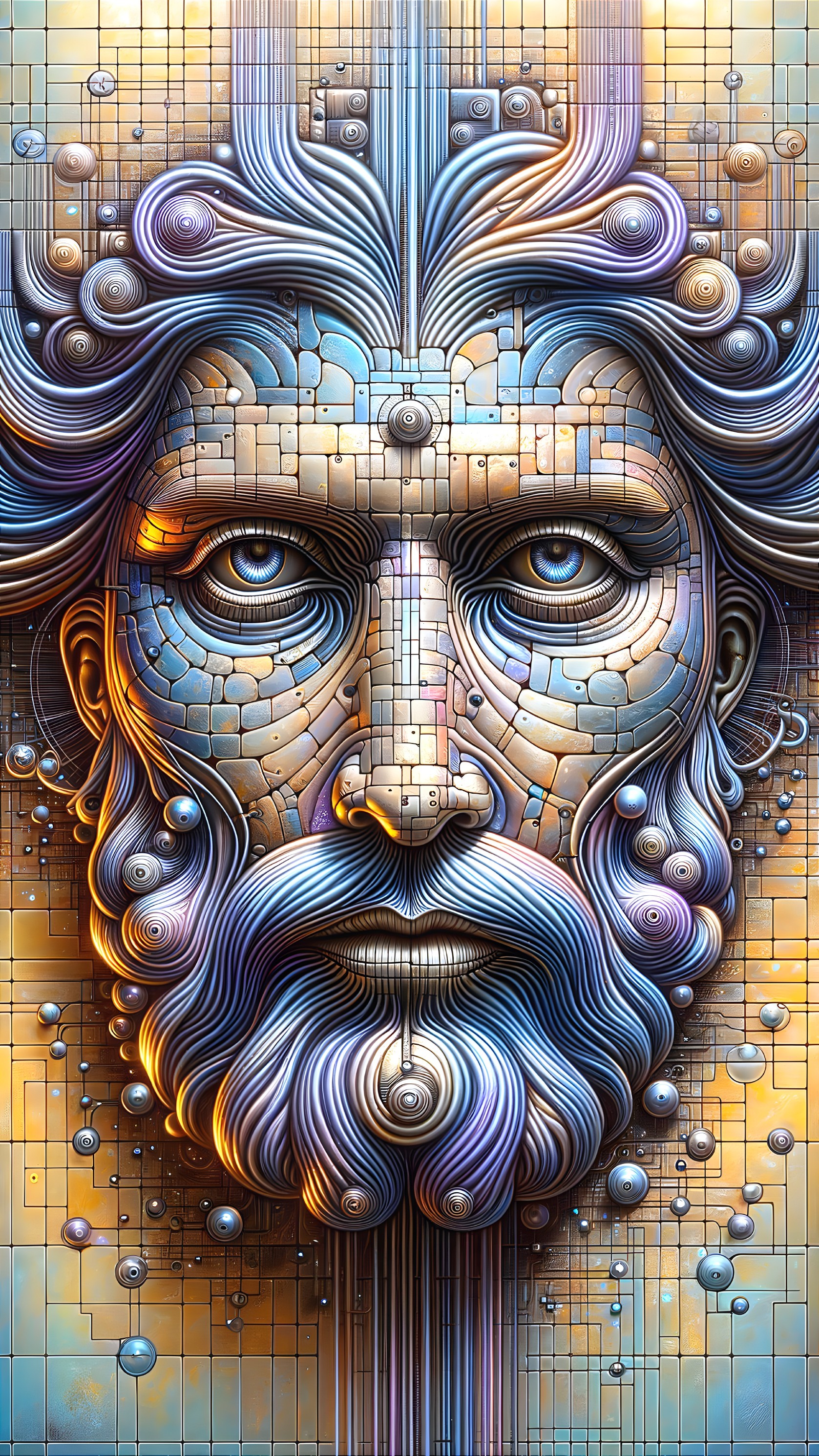 Intricate Geometric Face with Flowing Hair and Beard