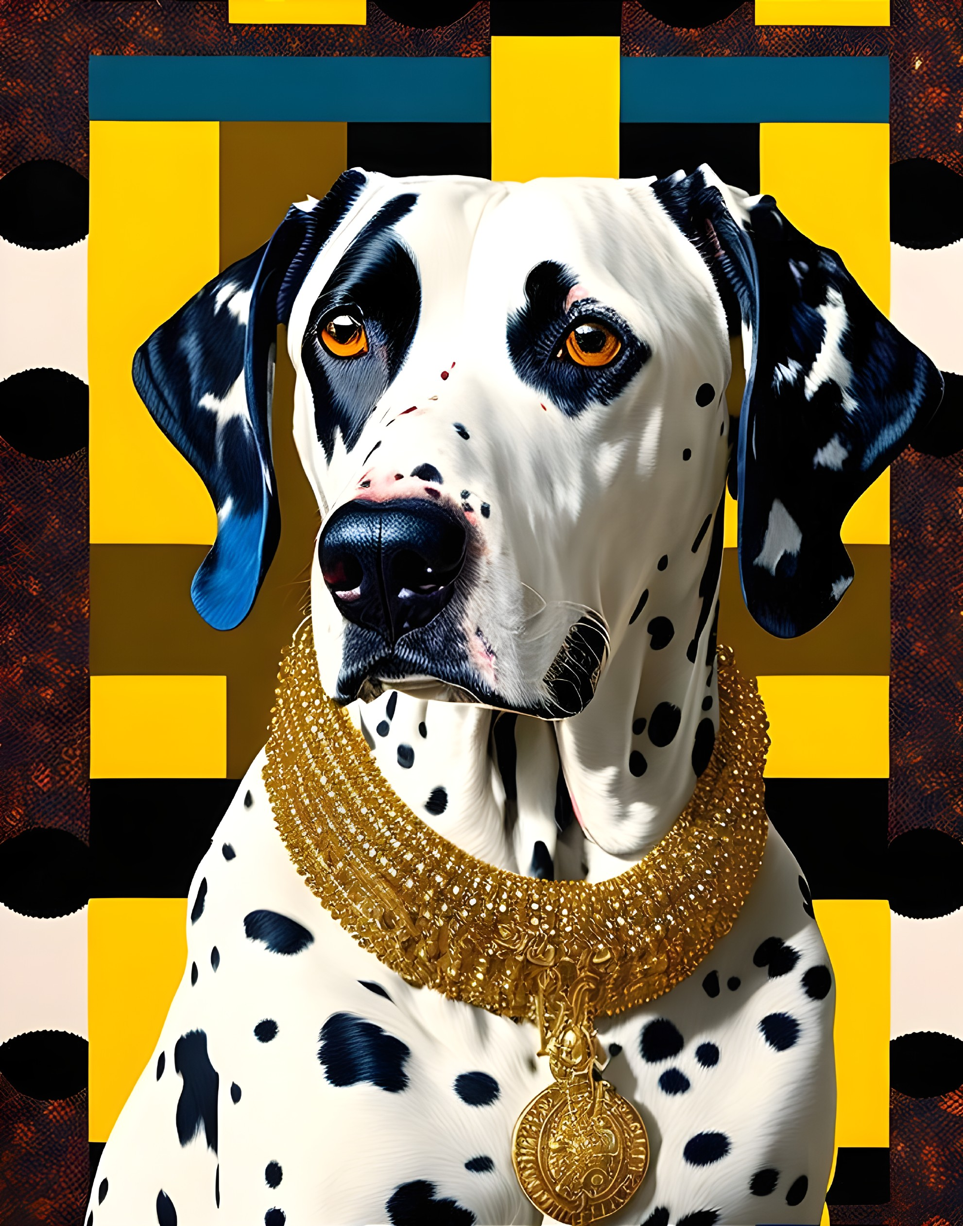 Dalmatian with Black Spots and Gold Necklace in Abstract Background