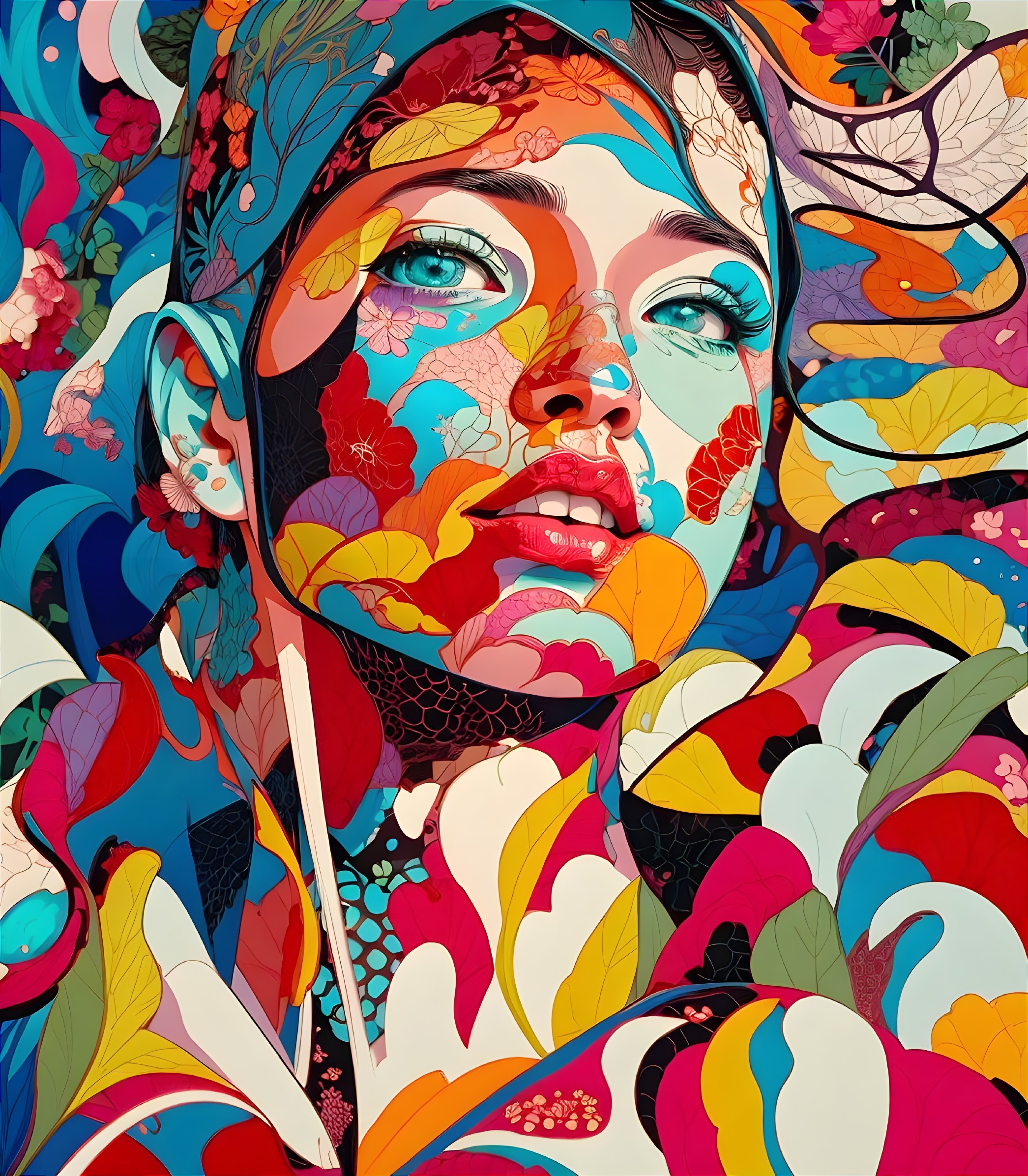 Colorful Portrait of Woman with Floral Patterns