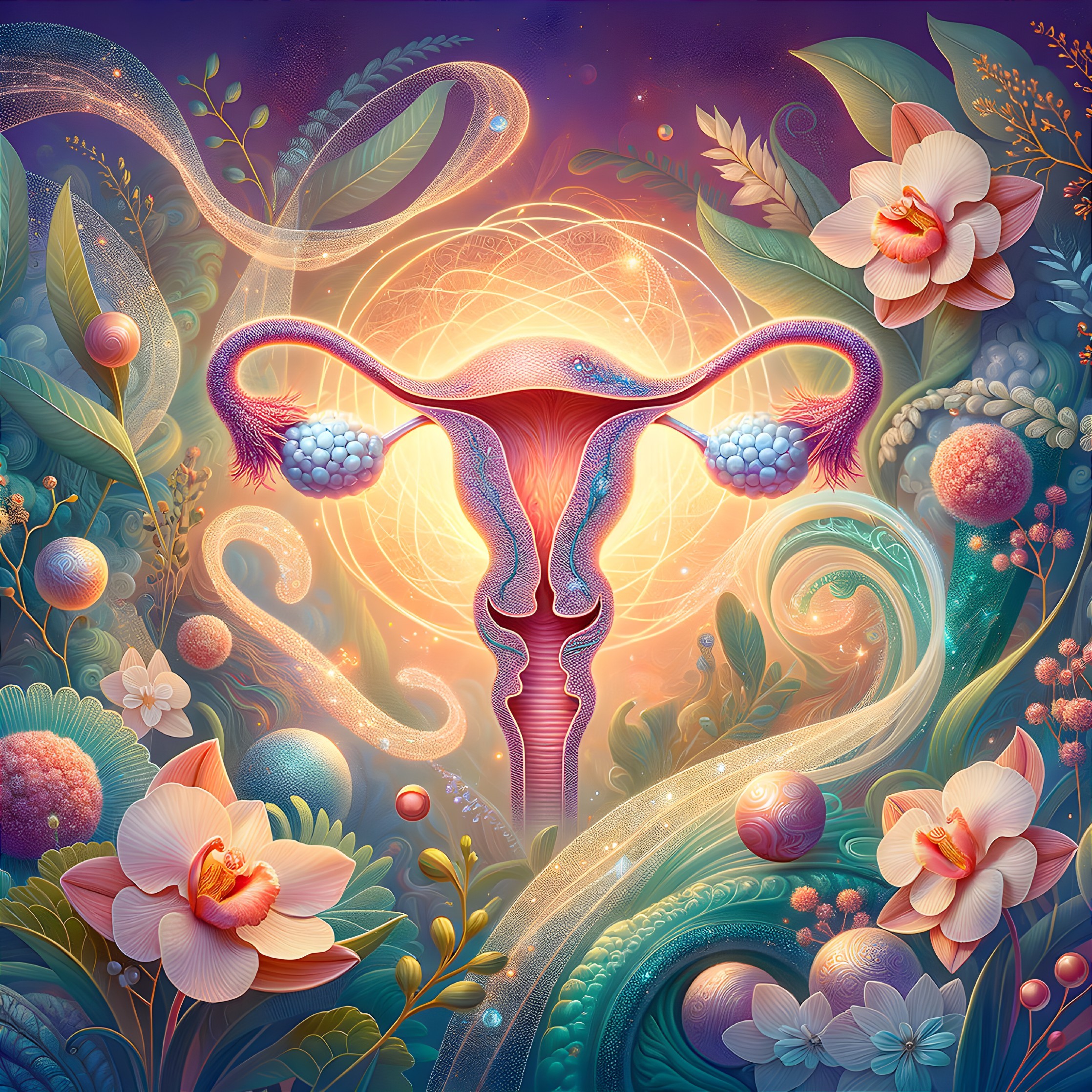 Surreal Illustration of Uterus with Orchids and Foliage