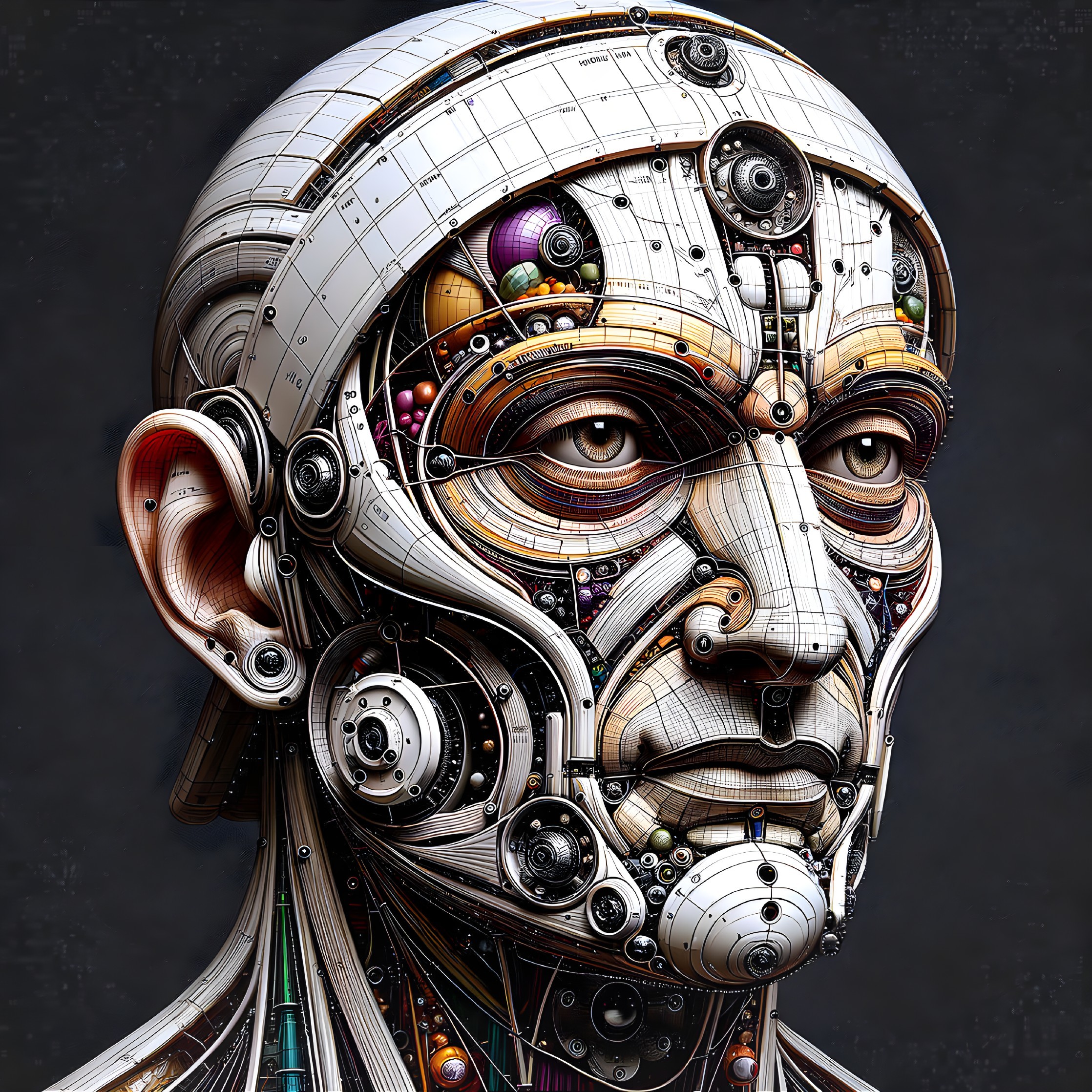 Intricate humanoid robot portrait with visible wiring on dark background