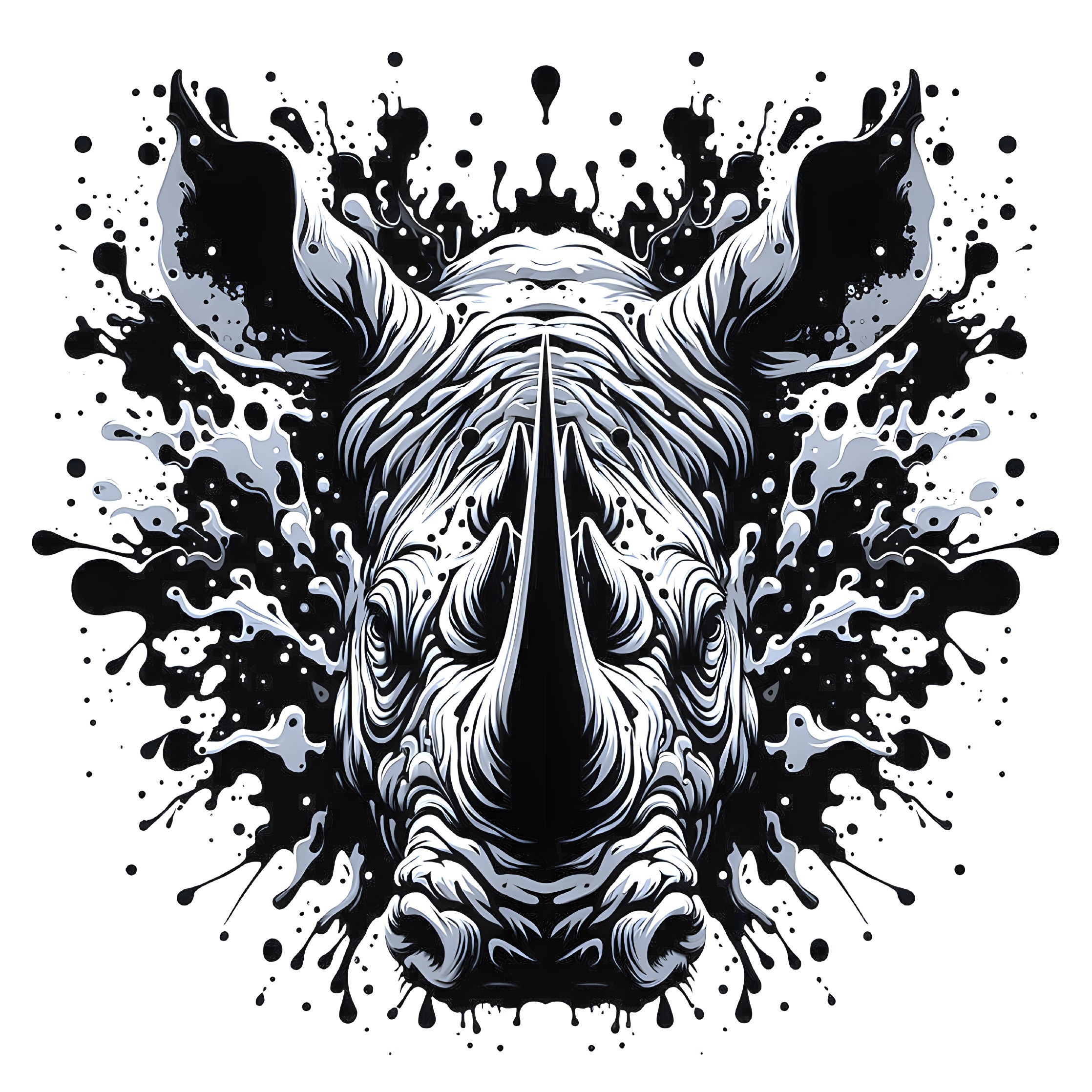 Monochrome rhinoceros head illustration with textured skin and horn.