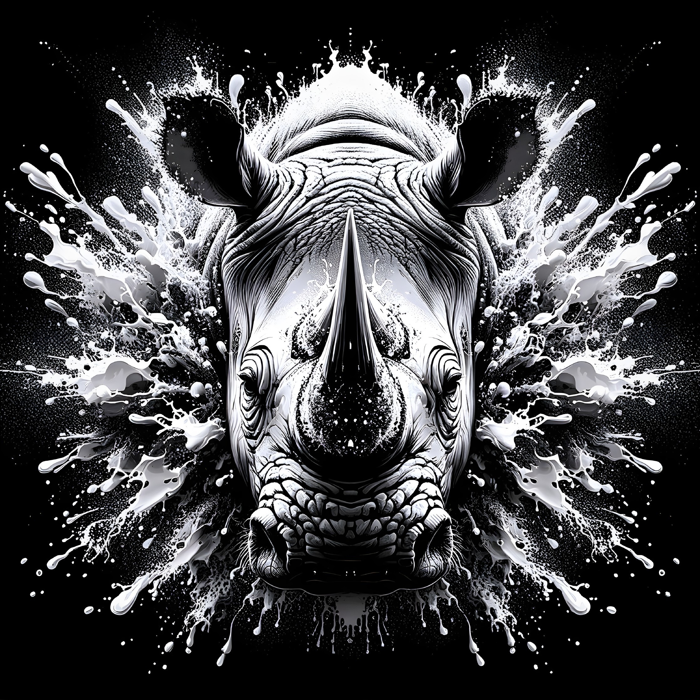 Monochromatic rhinoceros head with symmetrical splash design on black background