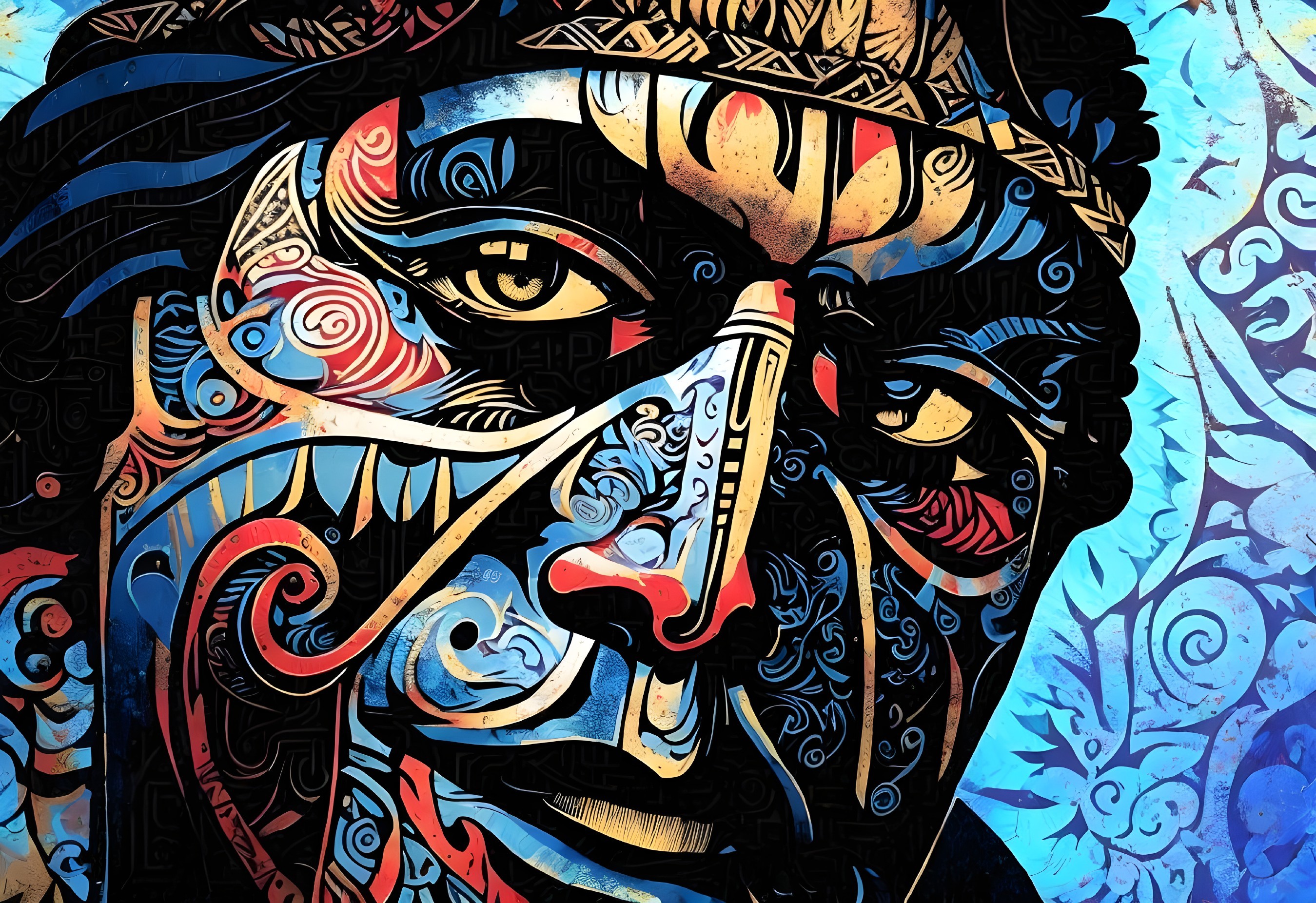Colorful tribal face art on blue background