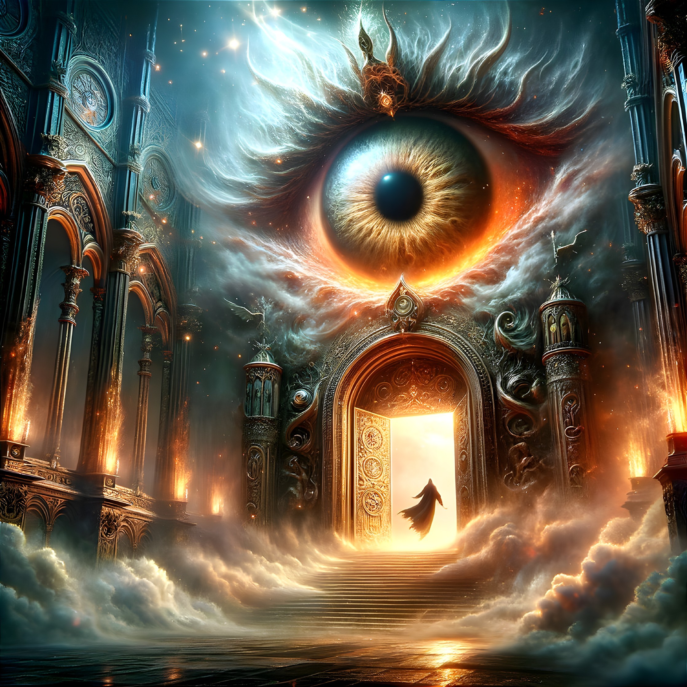 Person standing before ornate door in cosmic cathedral-like space