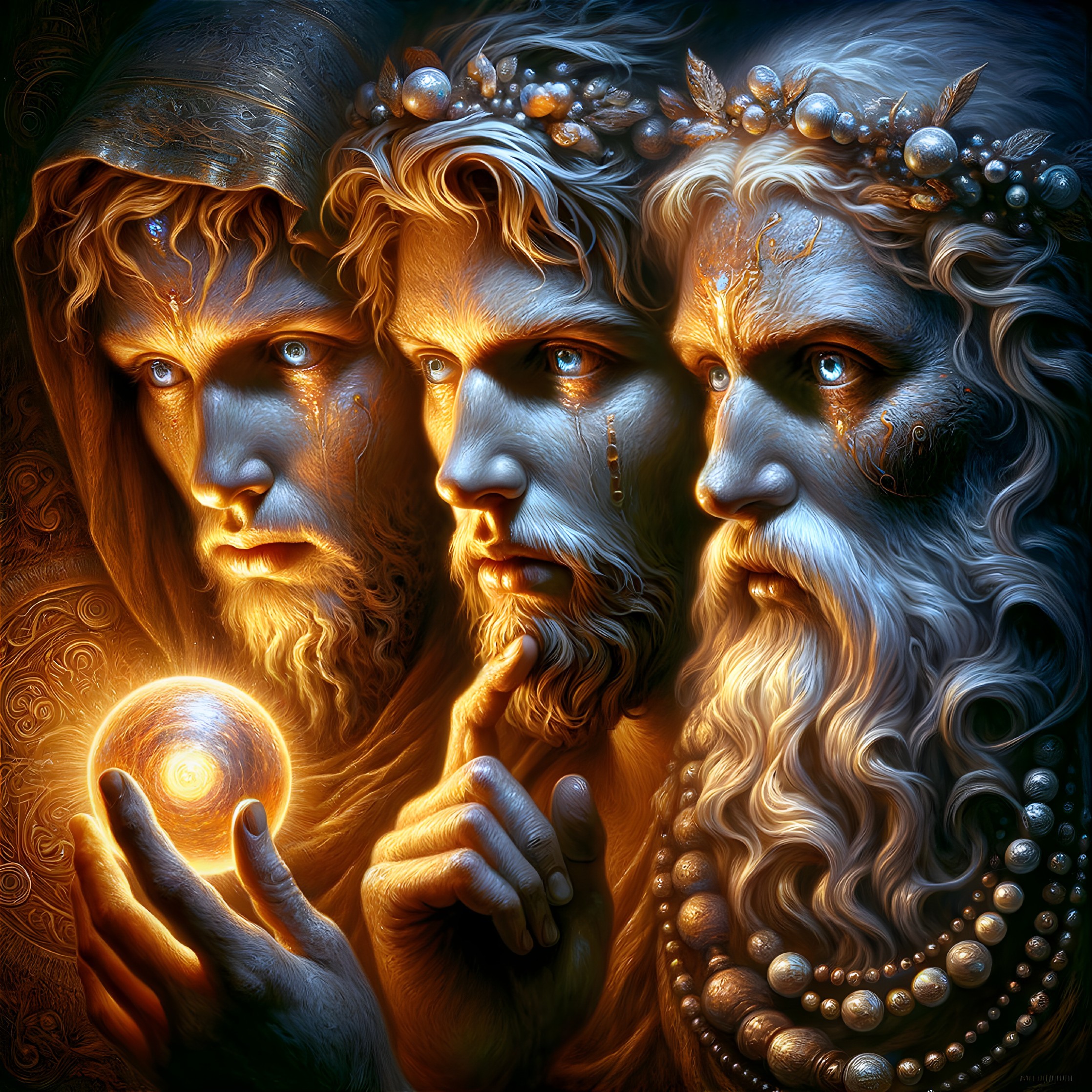 Fantastical Figures with Ornate Headpieces and Orbs