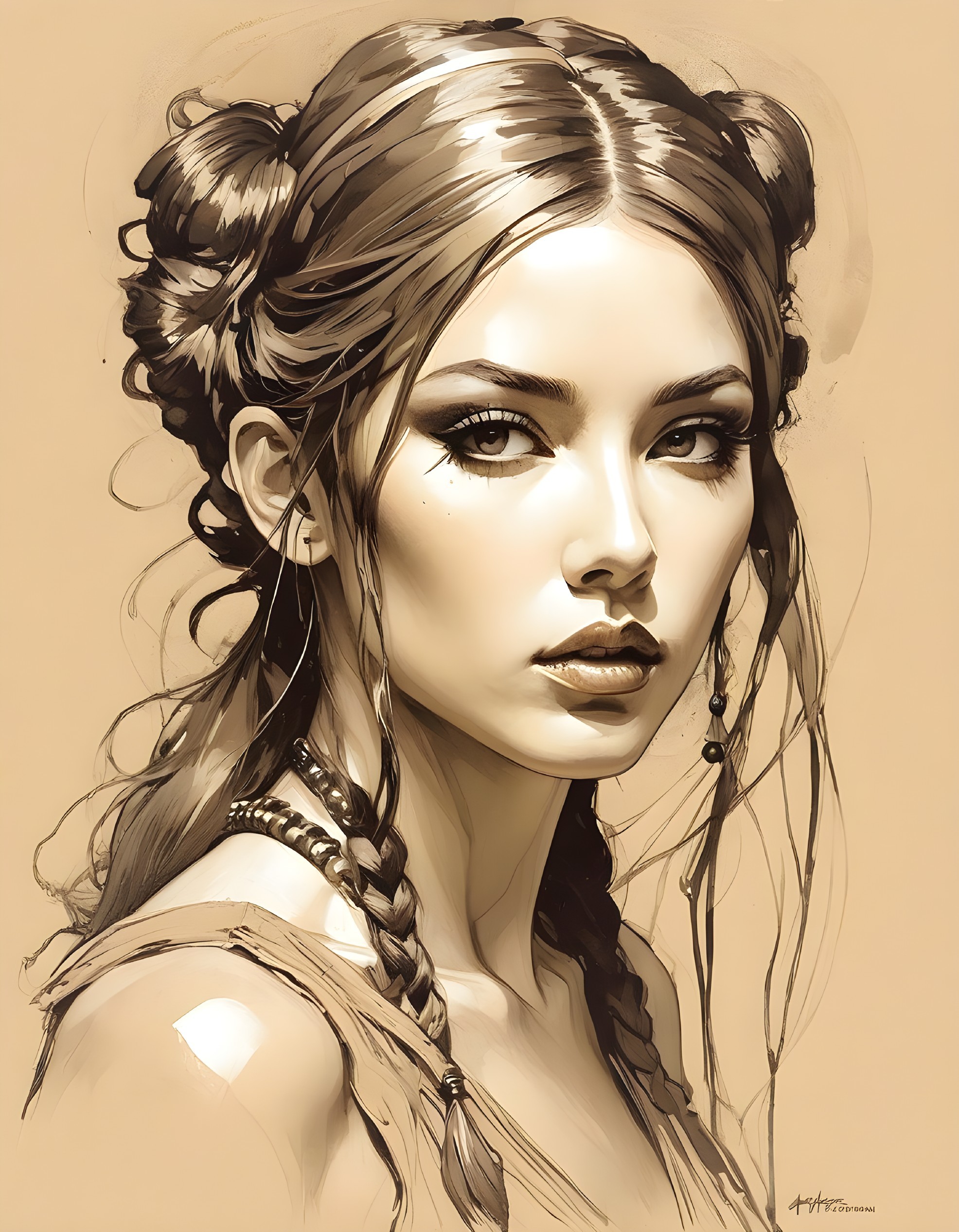 Sepia-Toned Portrait of Woman with Braided Hairstyle and Earrings