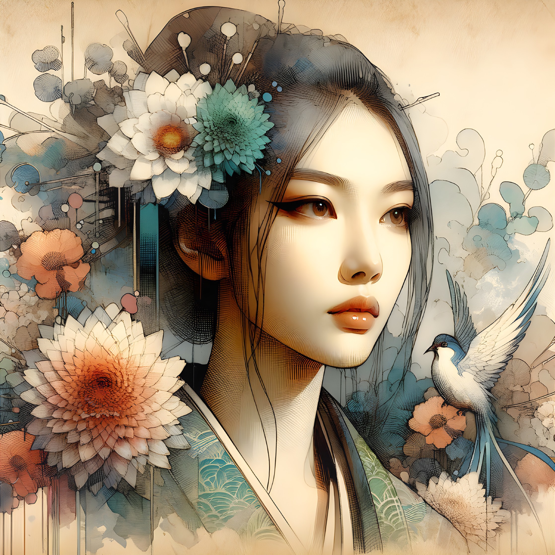 Asian Woman in Traditional Attire with Floral Elements