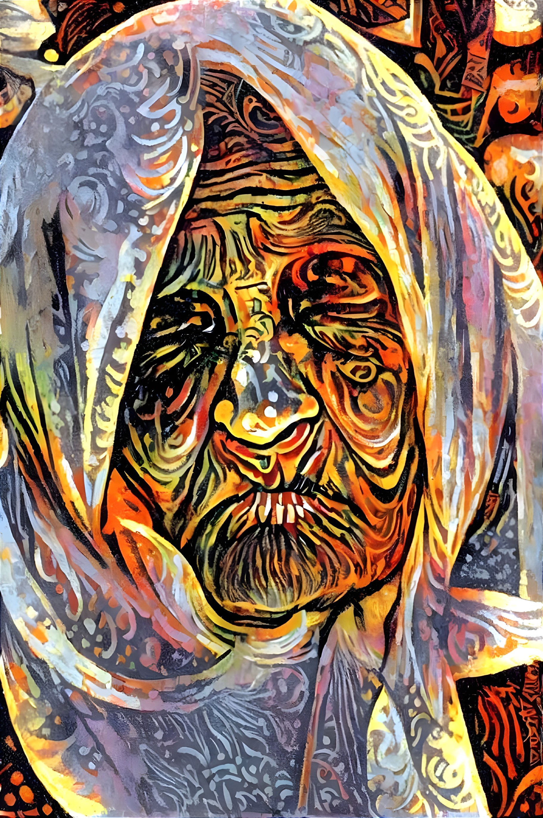 Vibrant painting of elderly person with headscarf and intricate patterns