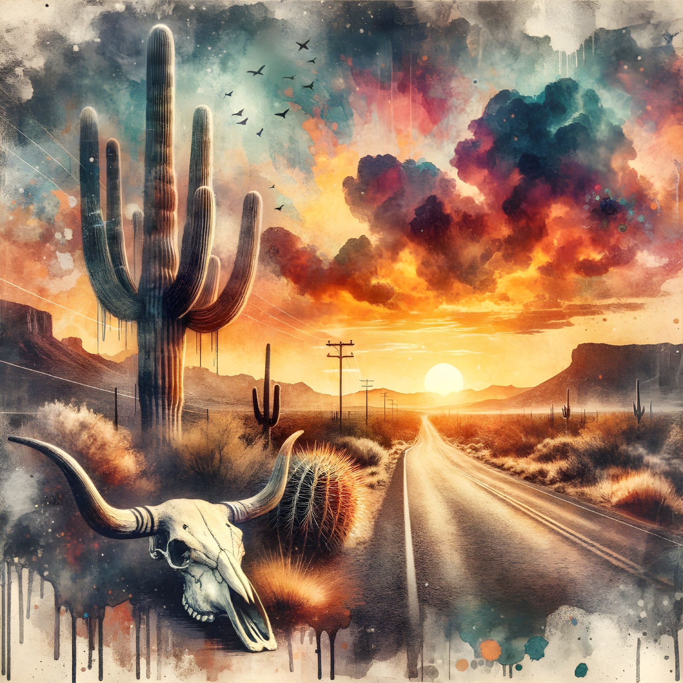 Vibrant Desert Landscape with Sunset and Cacti