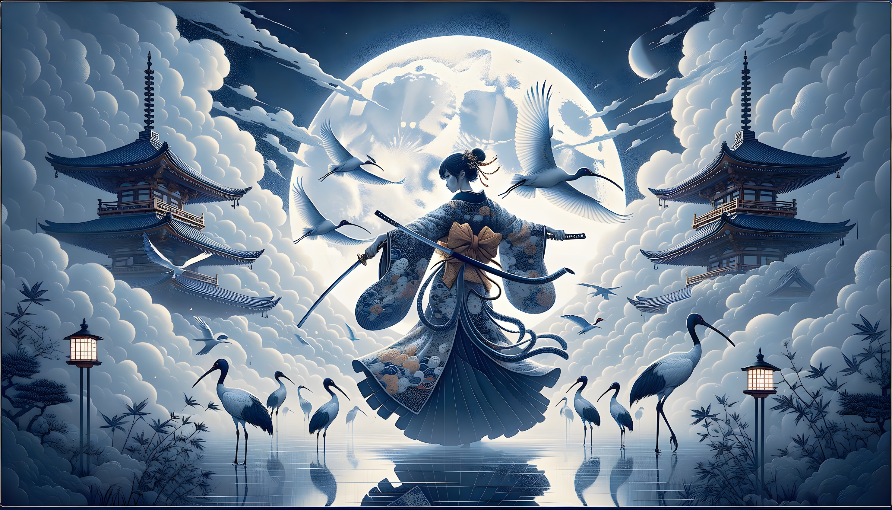 Serene Moonlit Scene with Katana and Cranes