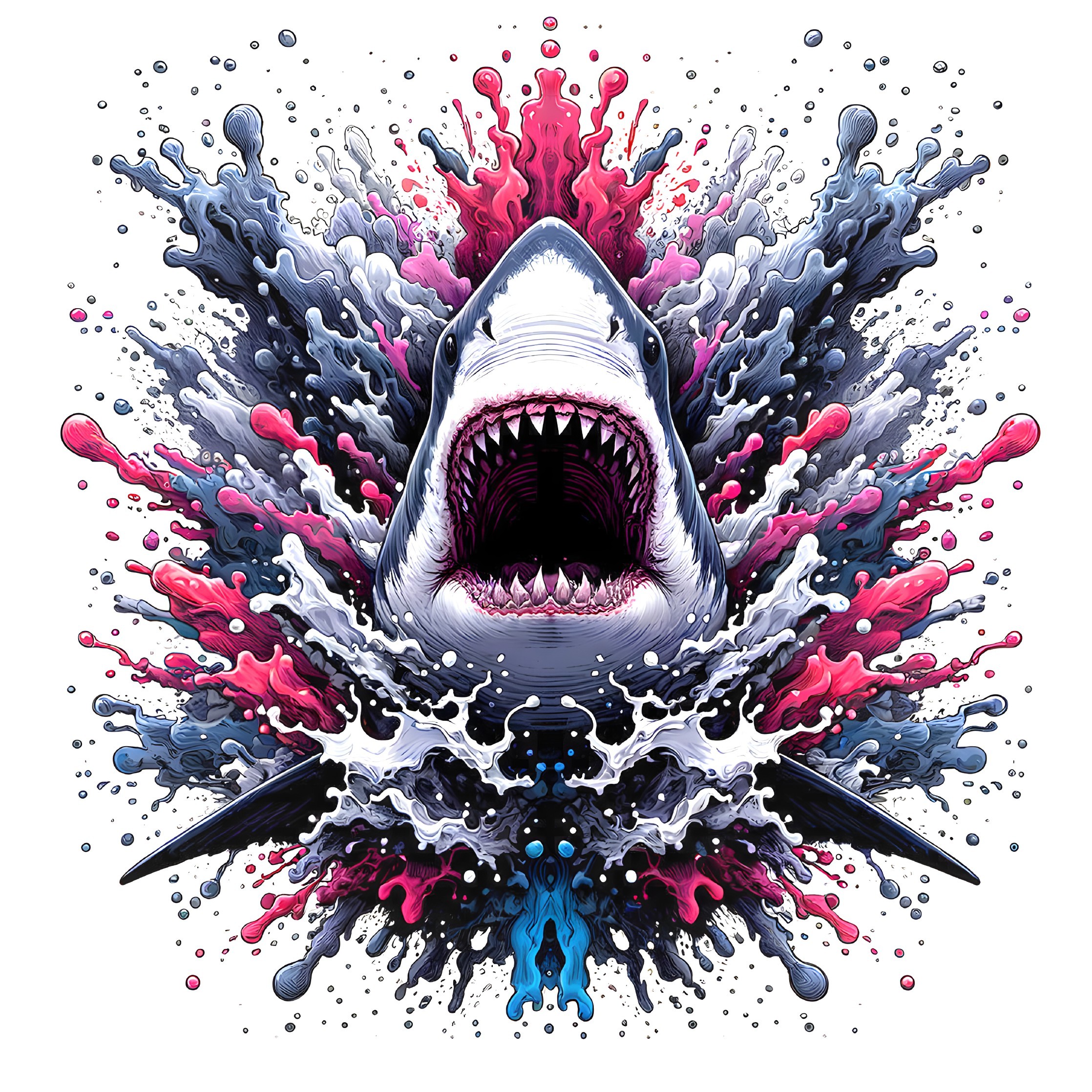Dynamic Shark Graphic with Blue, White, and Red Ink Splashes