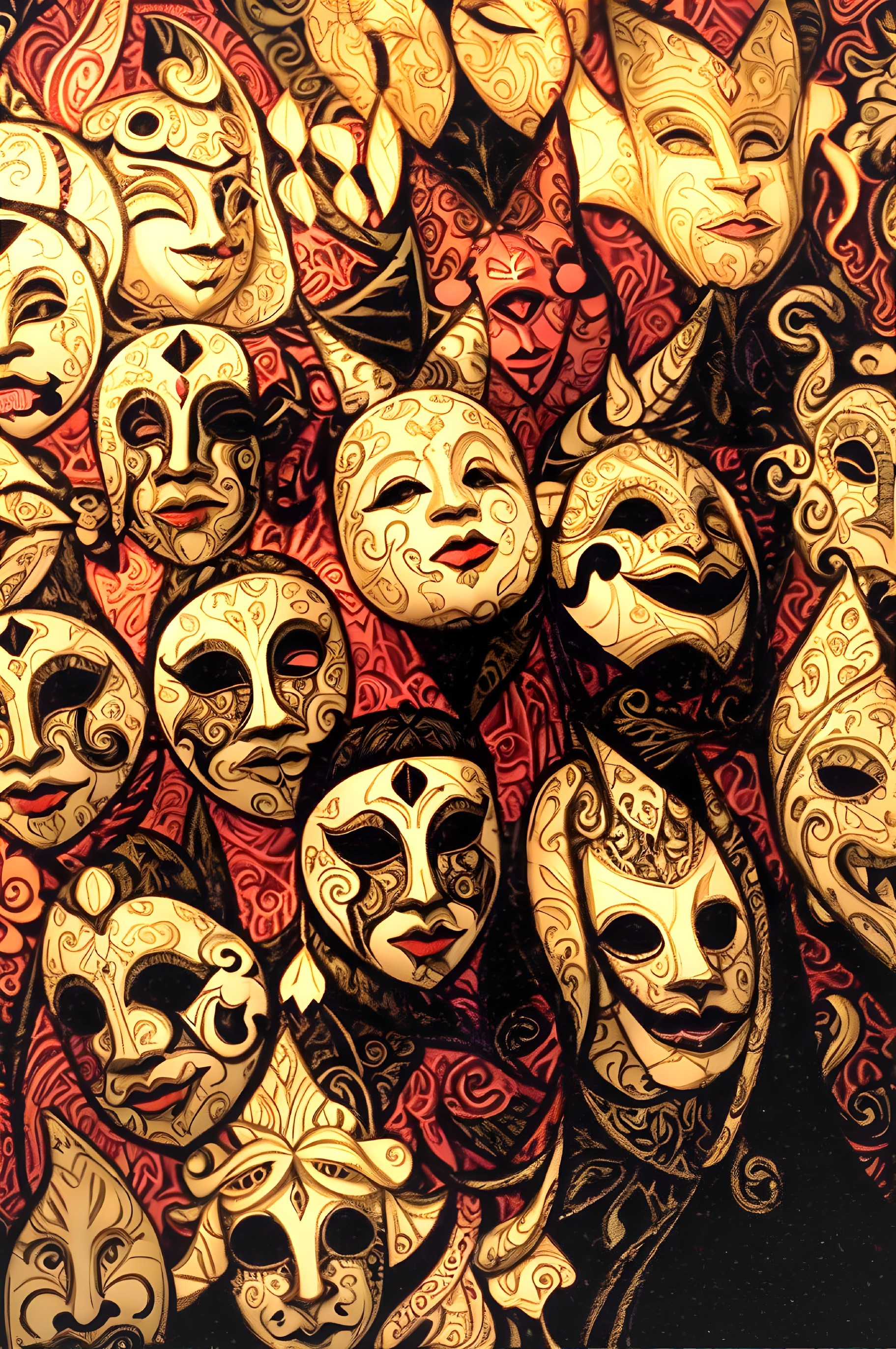 Vibrant Collage of Intricate Masks with Patterns