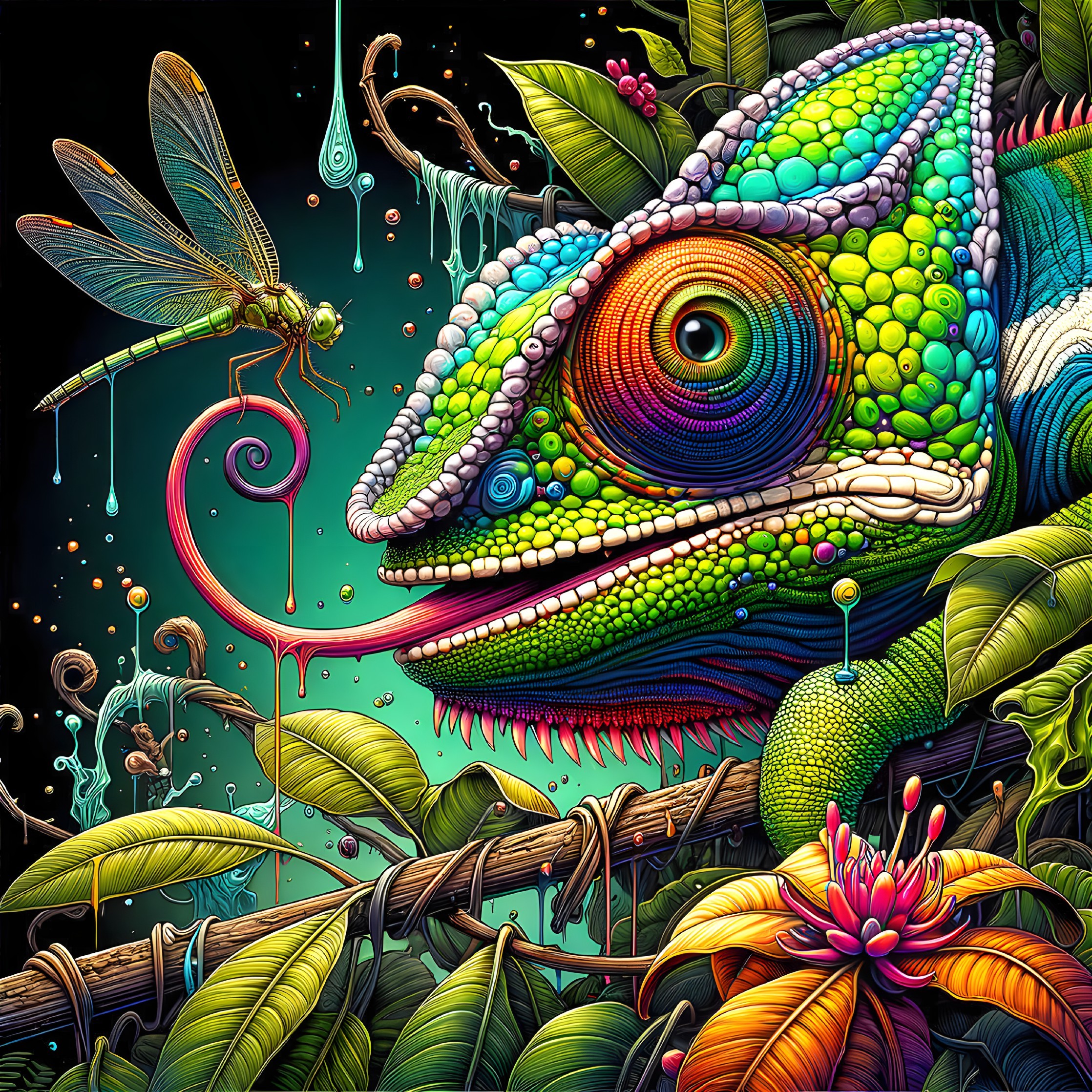 Vivid Chameleon Among Lush Green Foliage and Flowers