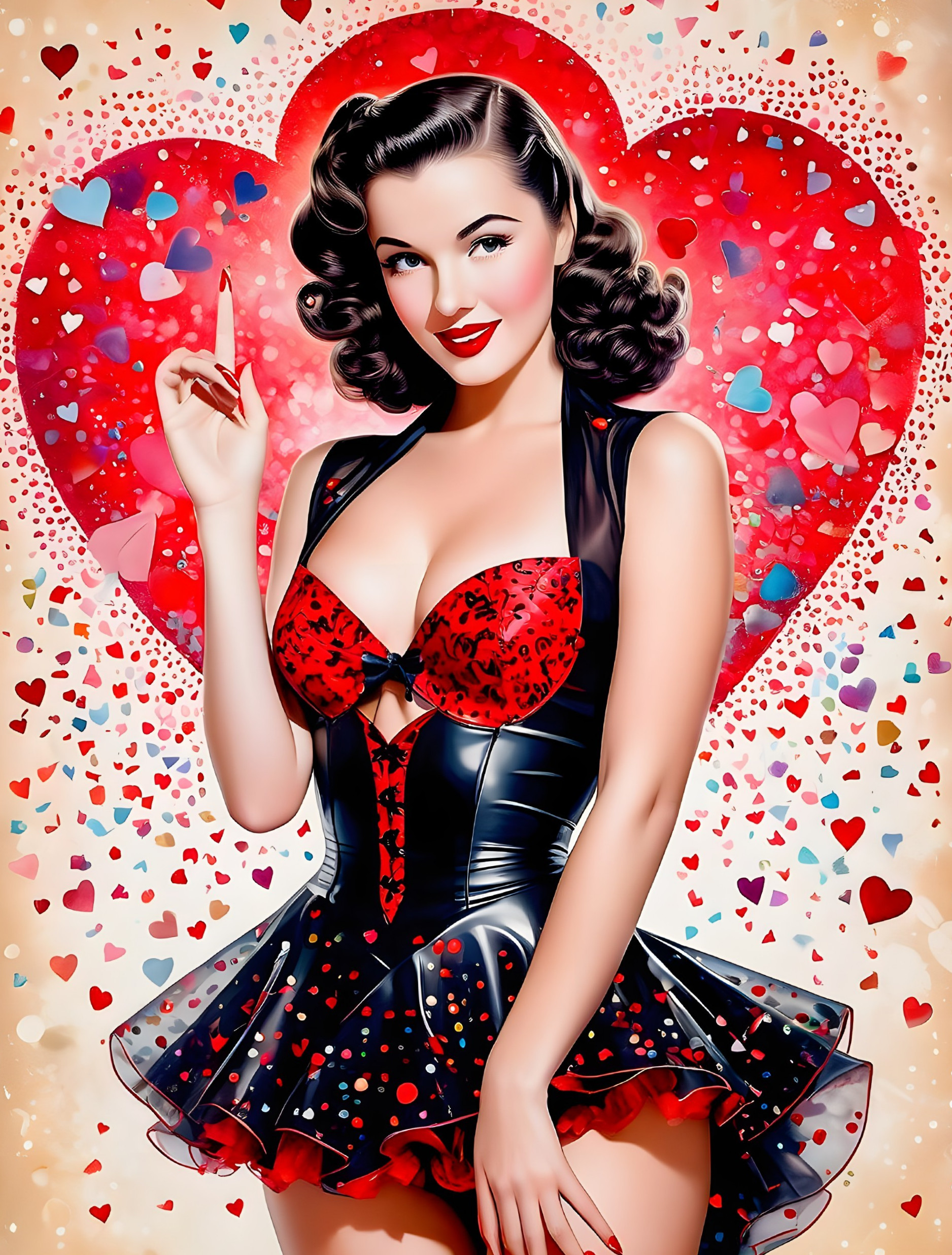 Vintage Pin-Up Girl in Red and Black Outfit with Hearts