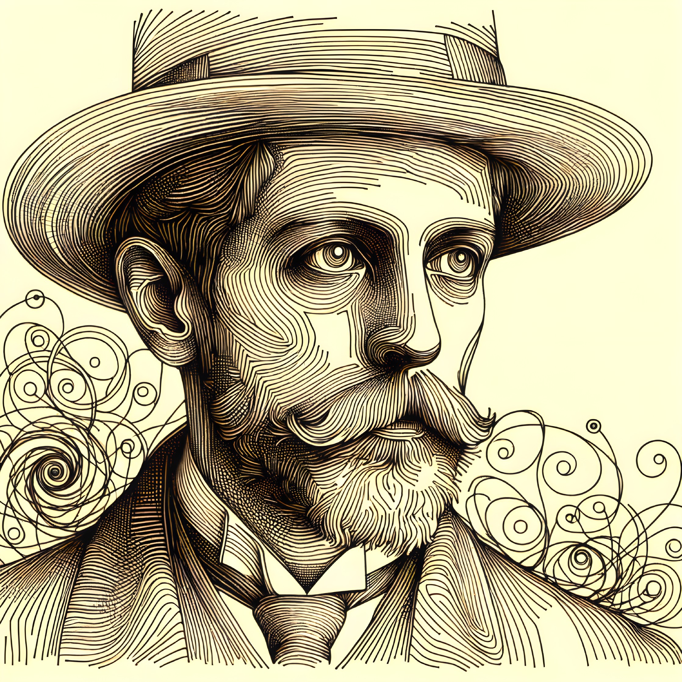 Detailed Illustration of a Man with Mustache and Hat
