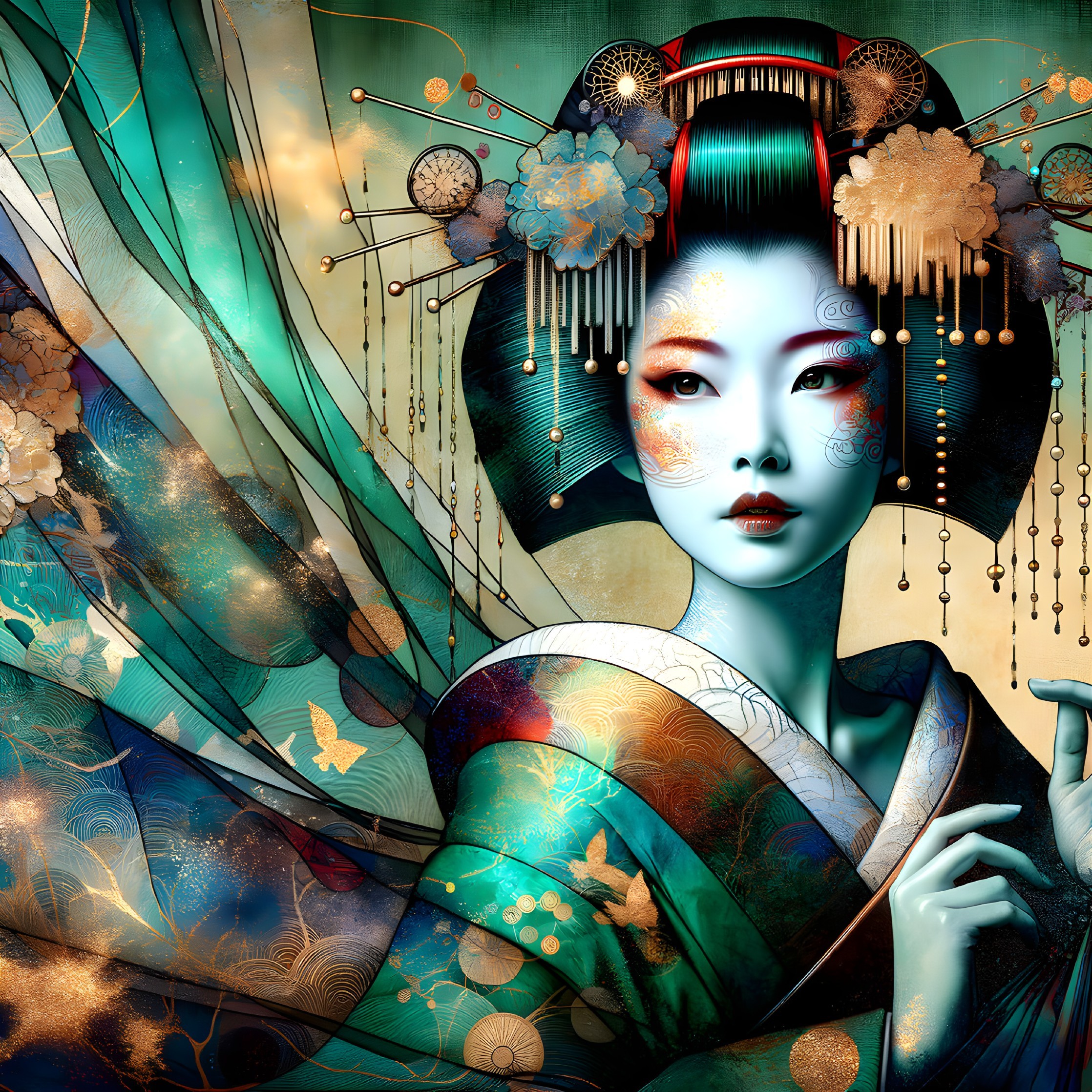 Vibrant Geisha Illustration in Butterfly Kimono & Floral Clock Background