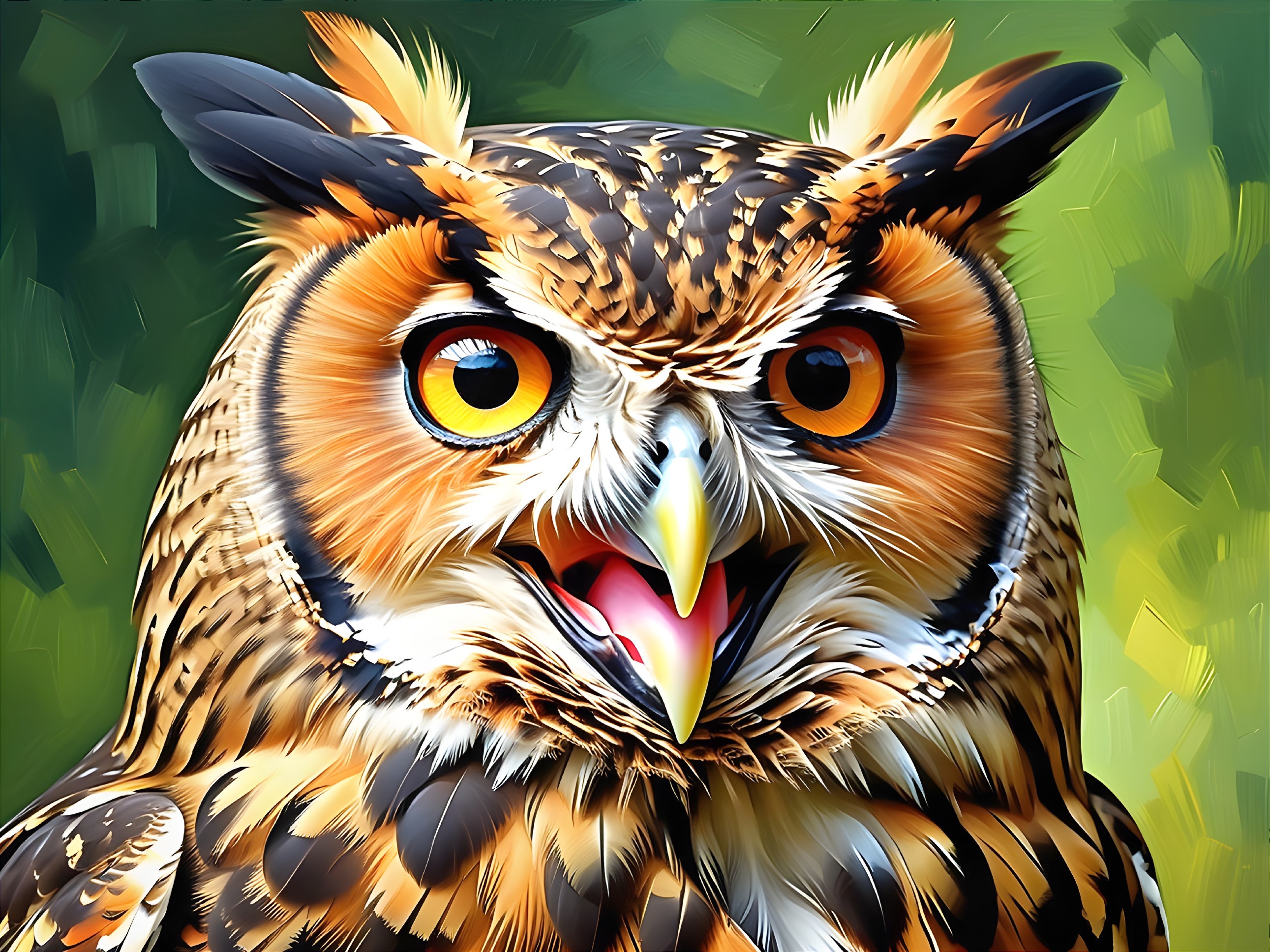 Vibrant Owl with Orange Eyes and Intricate Feathers