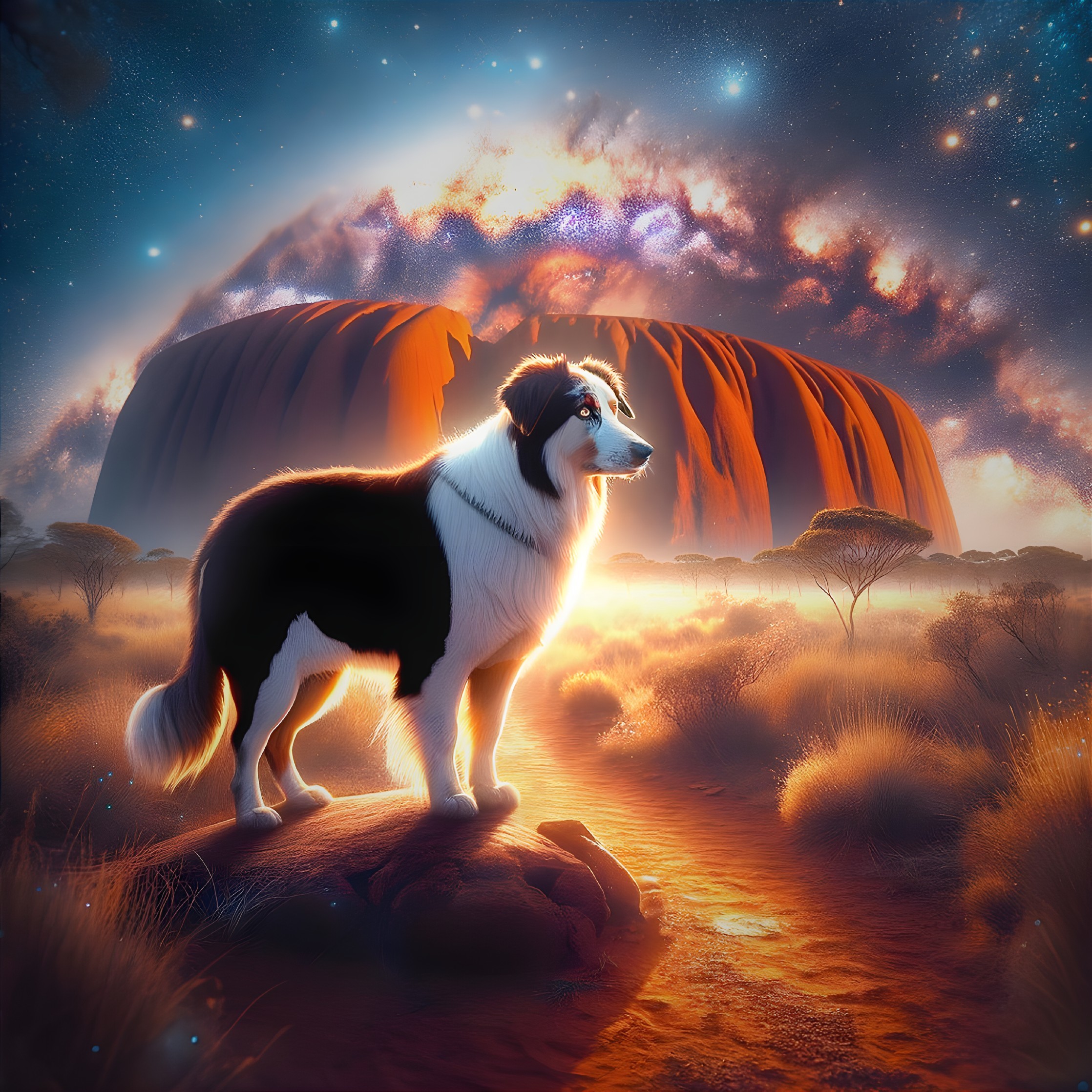 Border Collie on Rock in Surreal Savanna Landscape