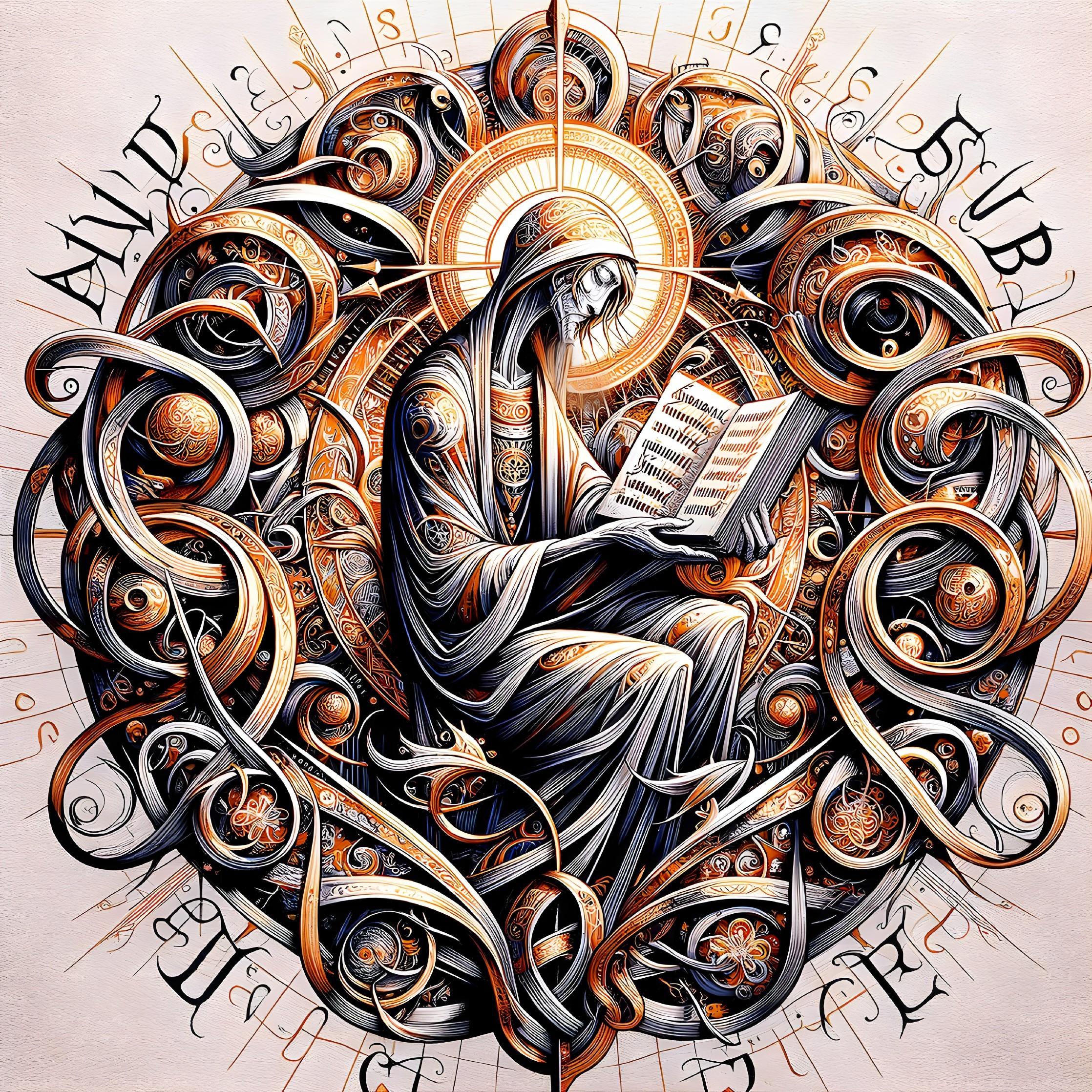 Ornate Artwork with Central Figure, Swirling Patterns, and Golden Orbs