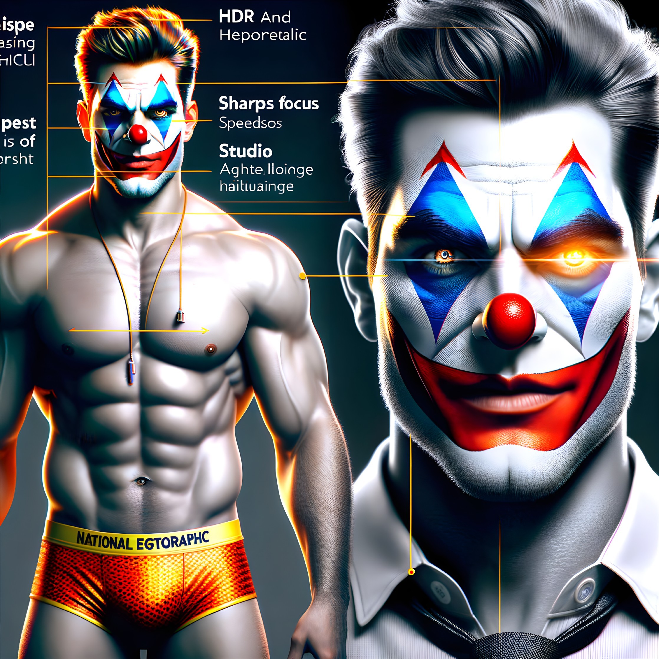 Digitally enhanced image: Muscular male with half clown face, half normal, dramatic lighting contrast
