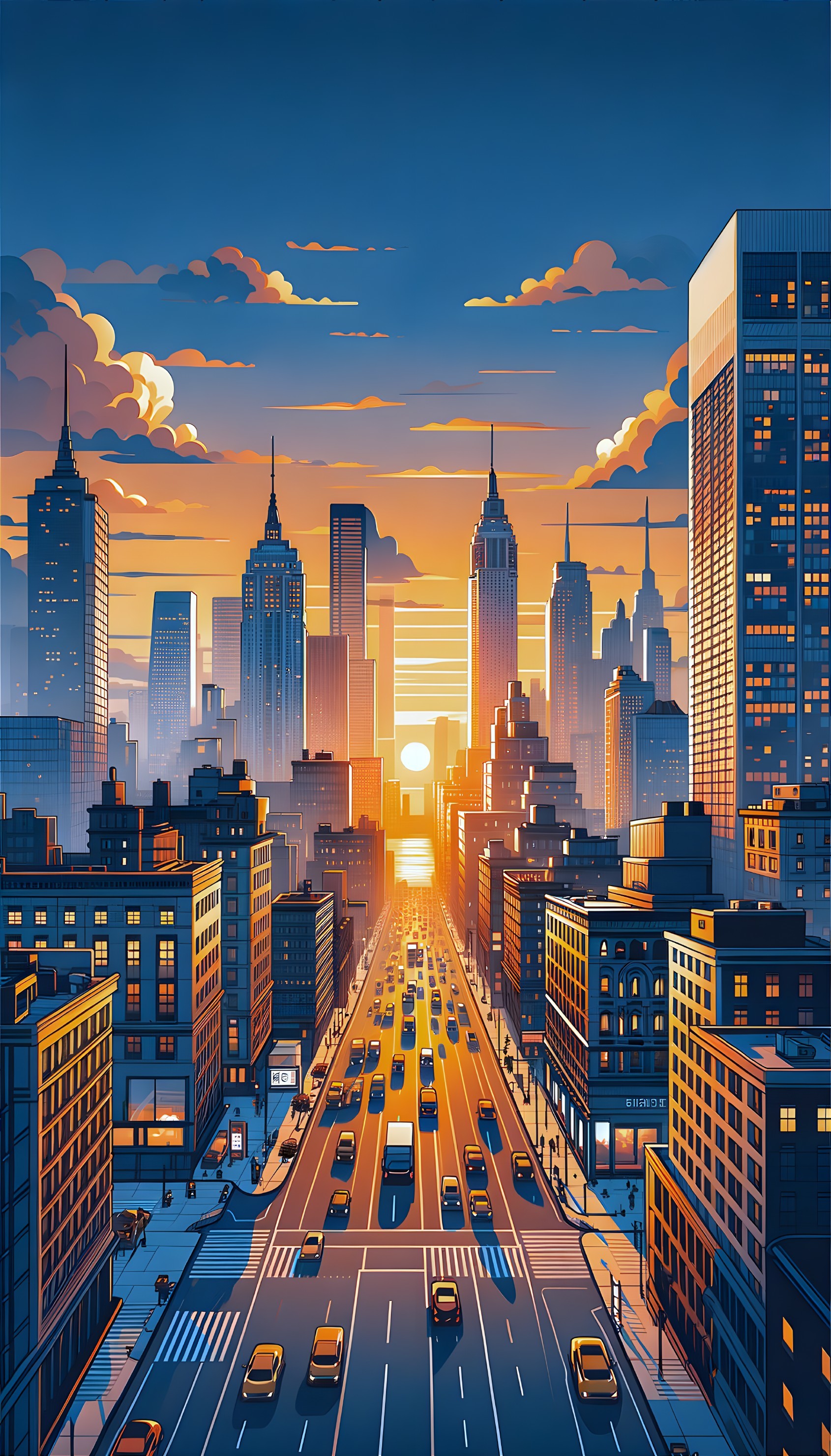 Bustling Cityscape at Sunset with Modern Buildings