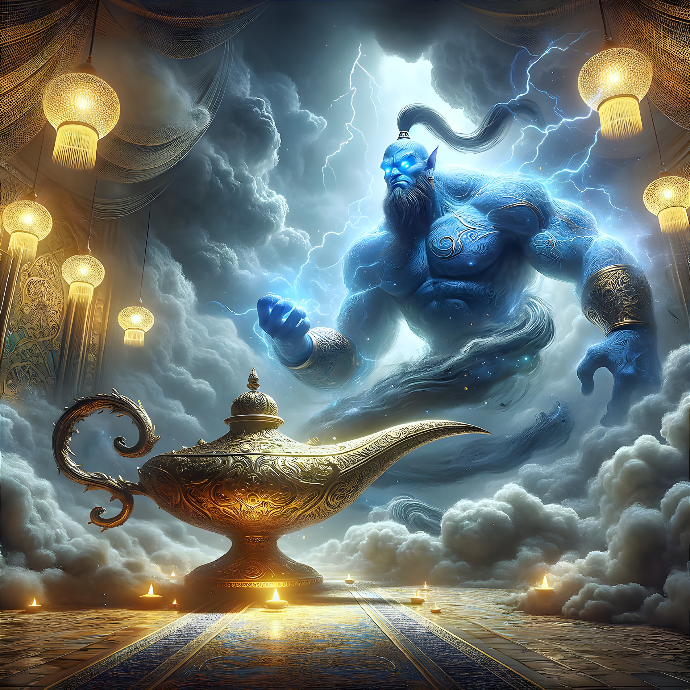 Muscular Blue Genie in Golden Lamp with Lightning Background