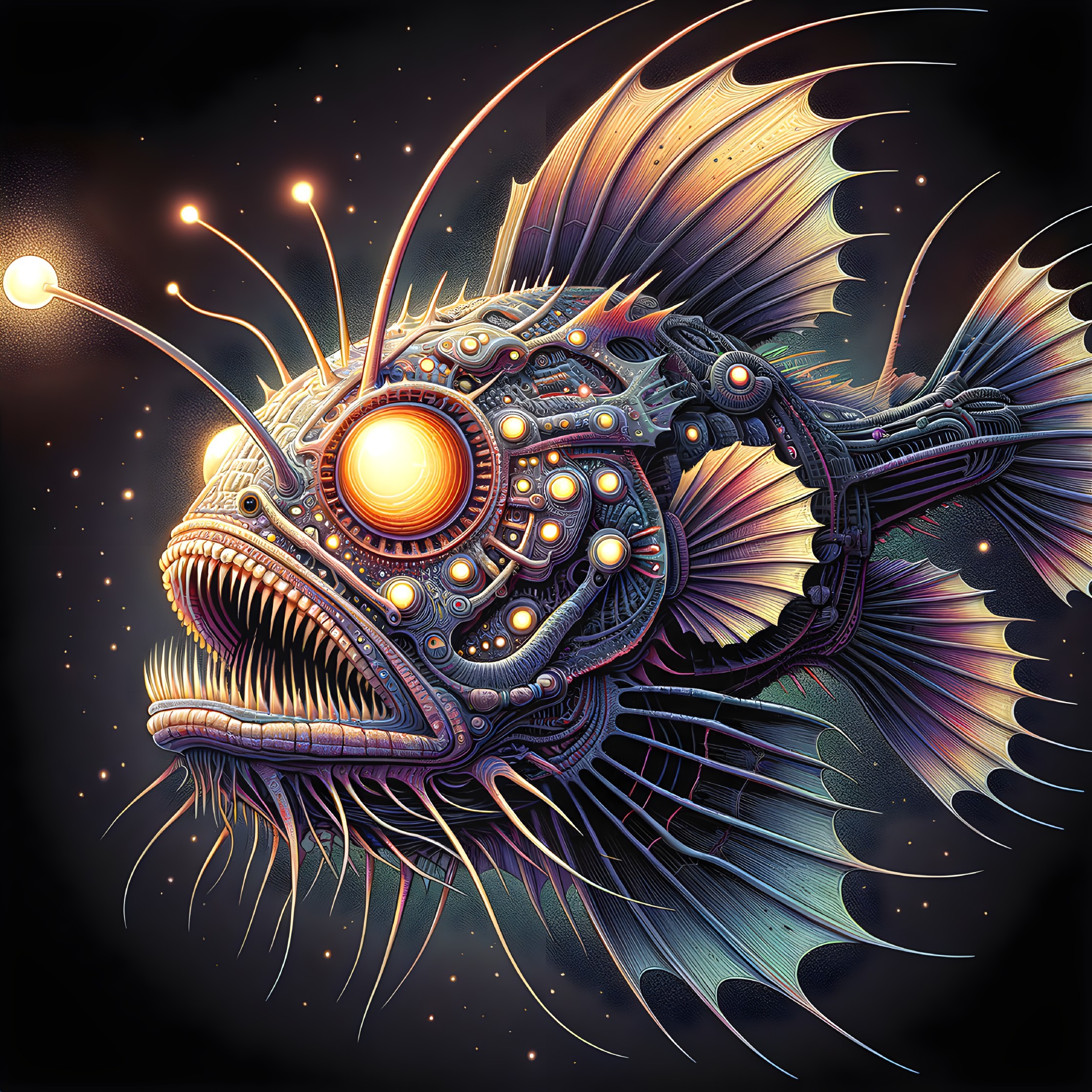 Futuristic Bioluminescent Fish in Cosmic Background