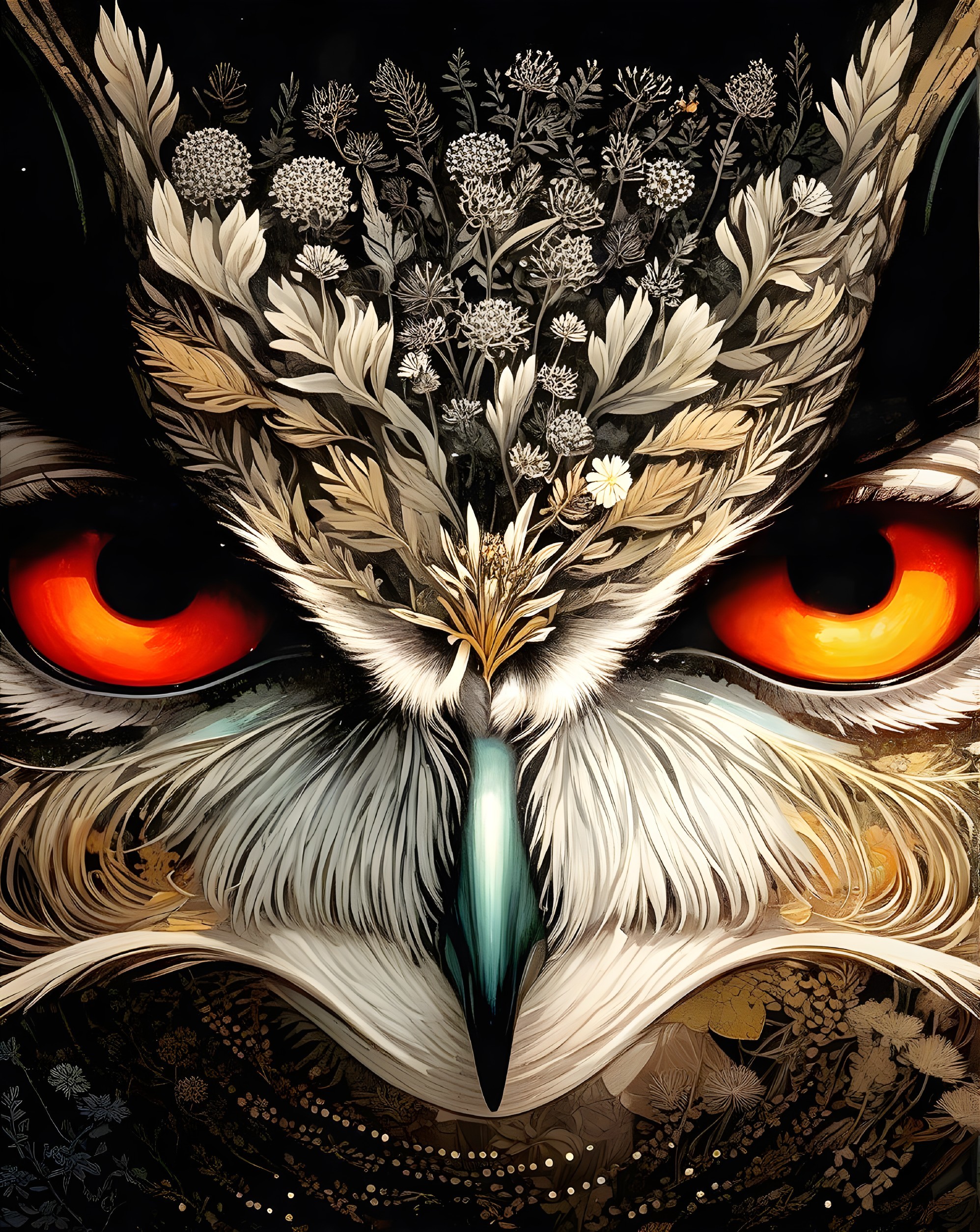 Owl's Face with Orange Eyes and Floral Background