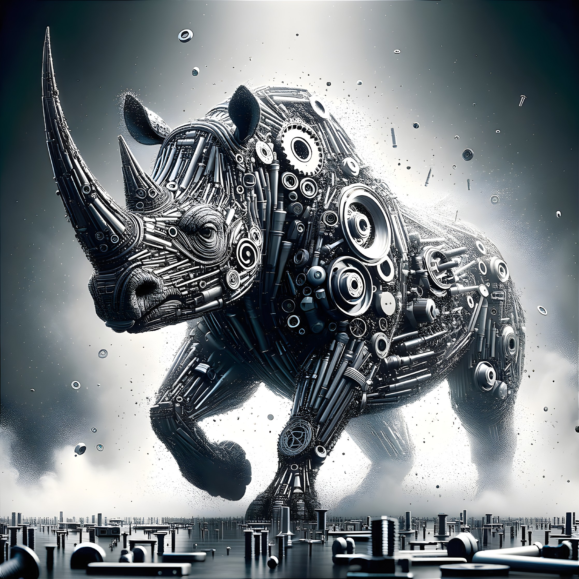 Mechanical rhinoceros artwork charging amid industrial backdrop