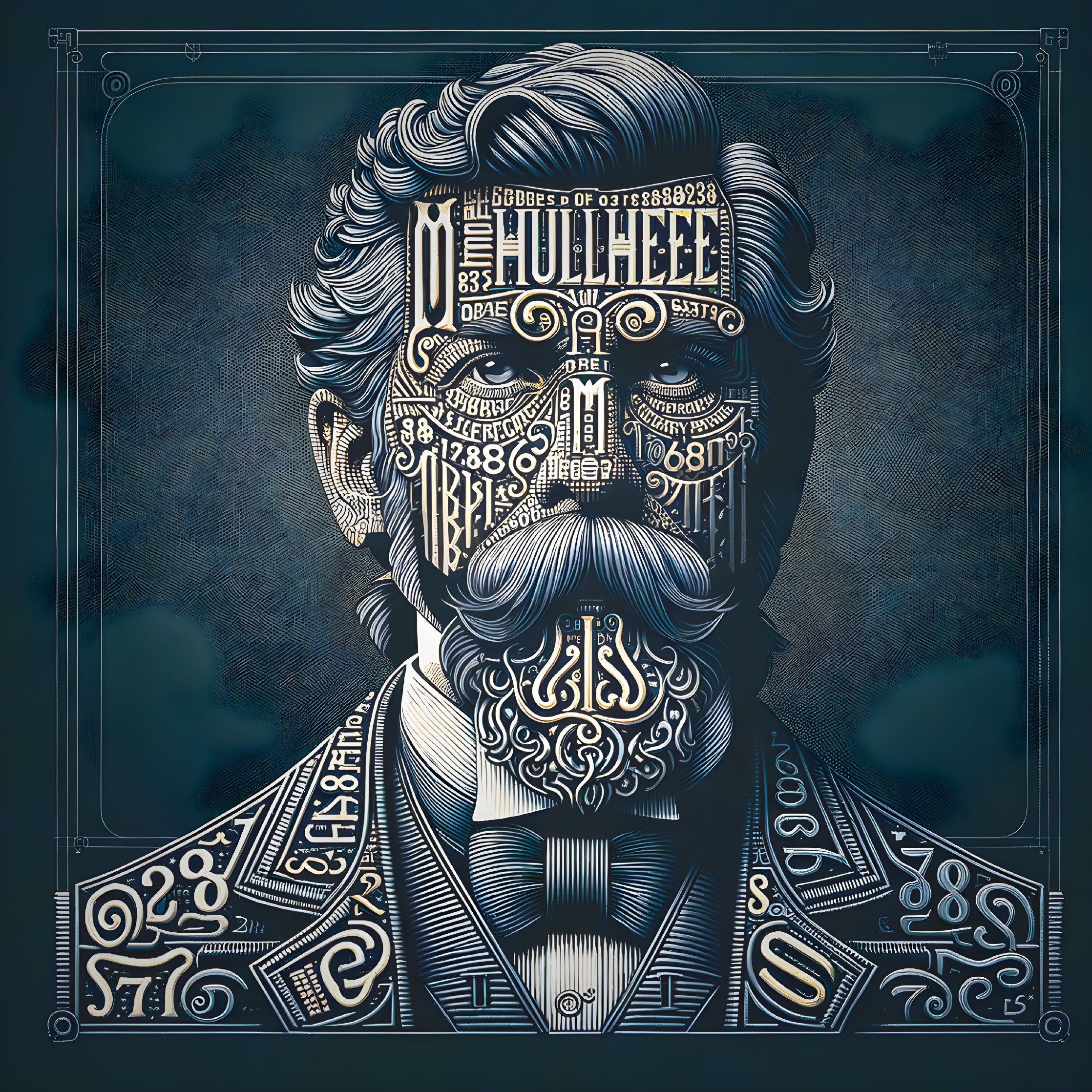 Stylized Portrait of a Man with Mustache and Symbols