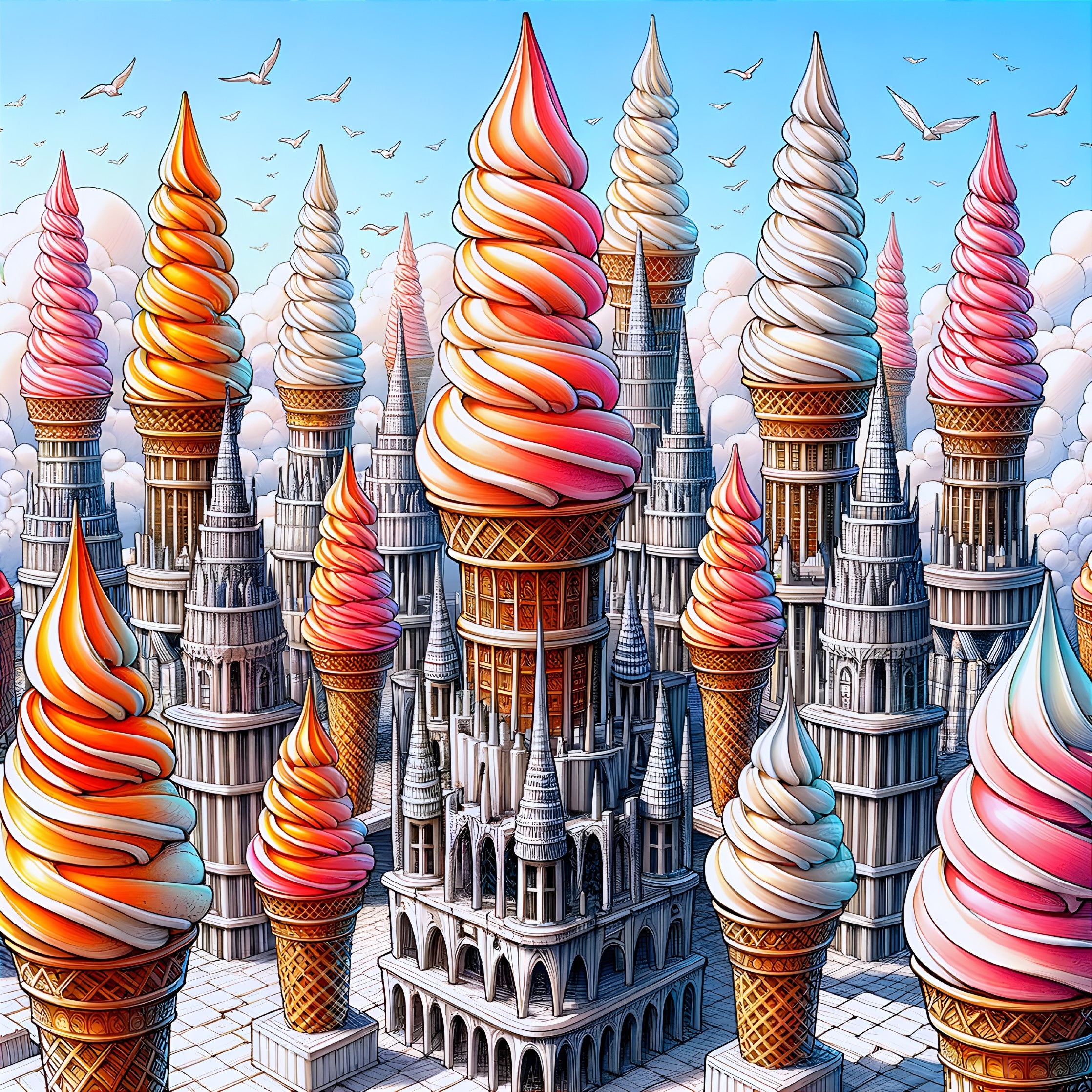 Colorful Ice Cream Cone Buildings in Fantasy Landscape Under Blue Sky