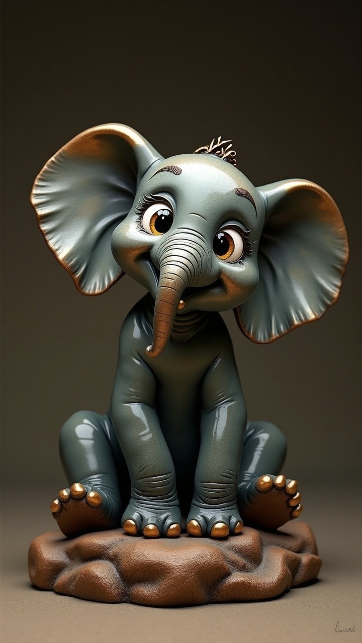 Playful Cartoon Elephant on Rocky Base with Charm