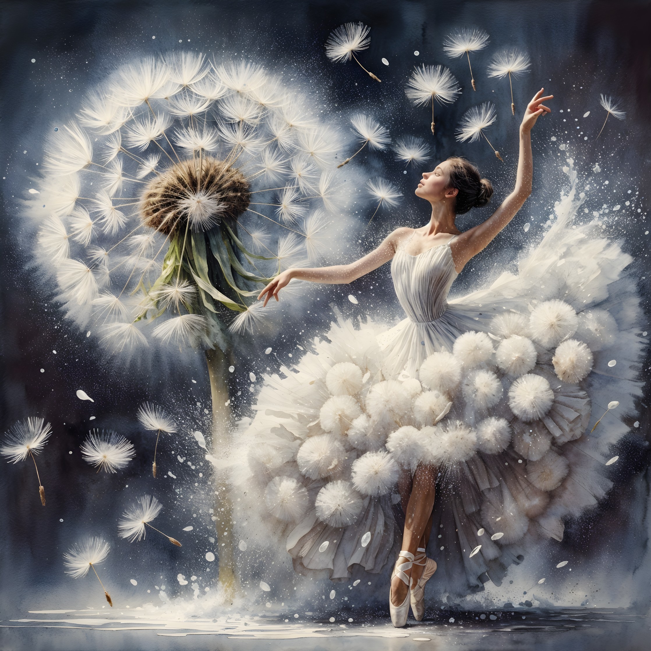 Ballerina in Whimsical Dandelion Landscape
