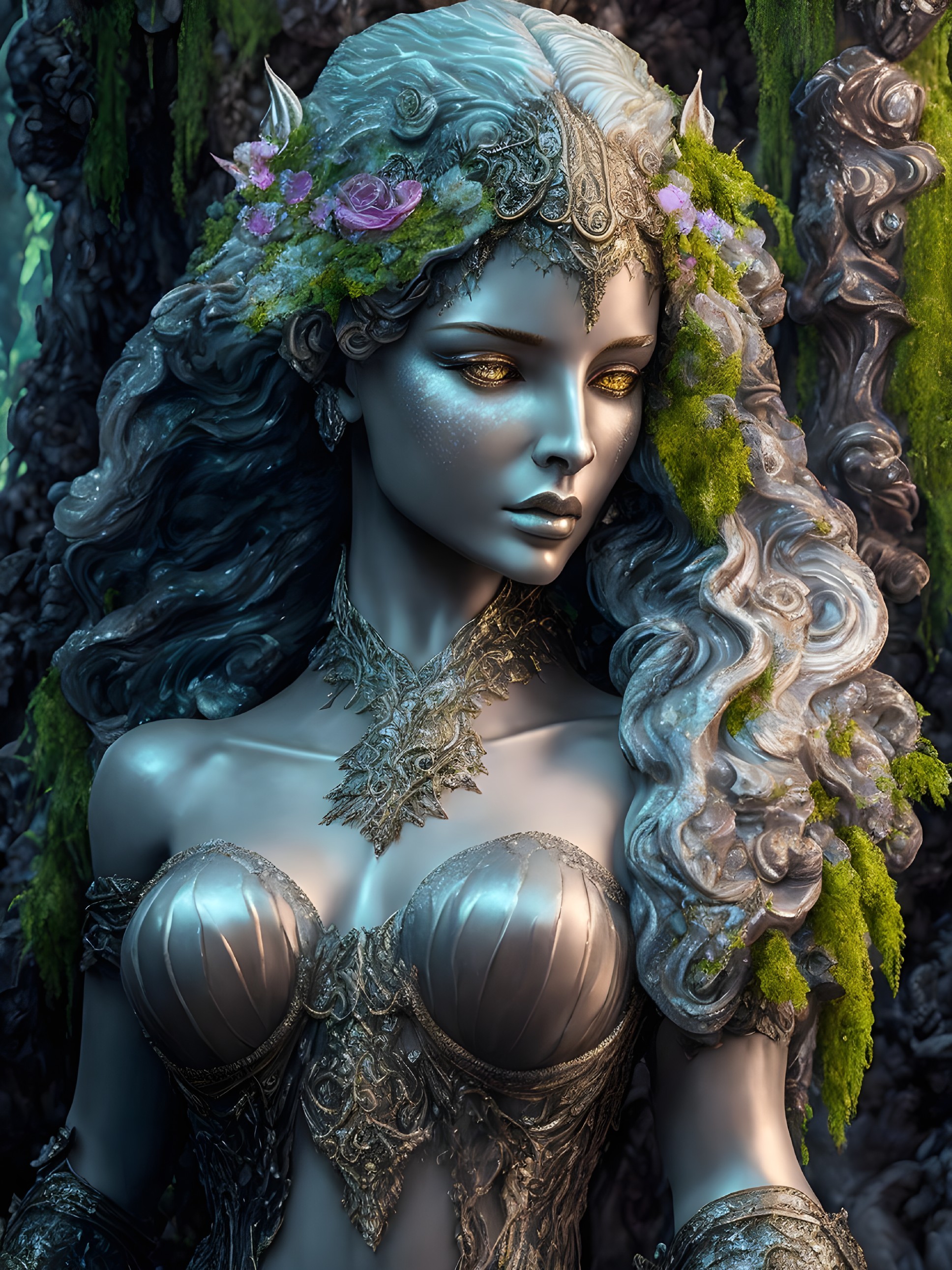 Ethereal Figure in Metallic Outfit Surrounded by Nature
