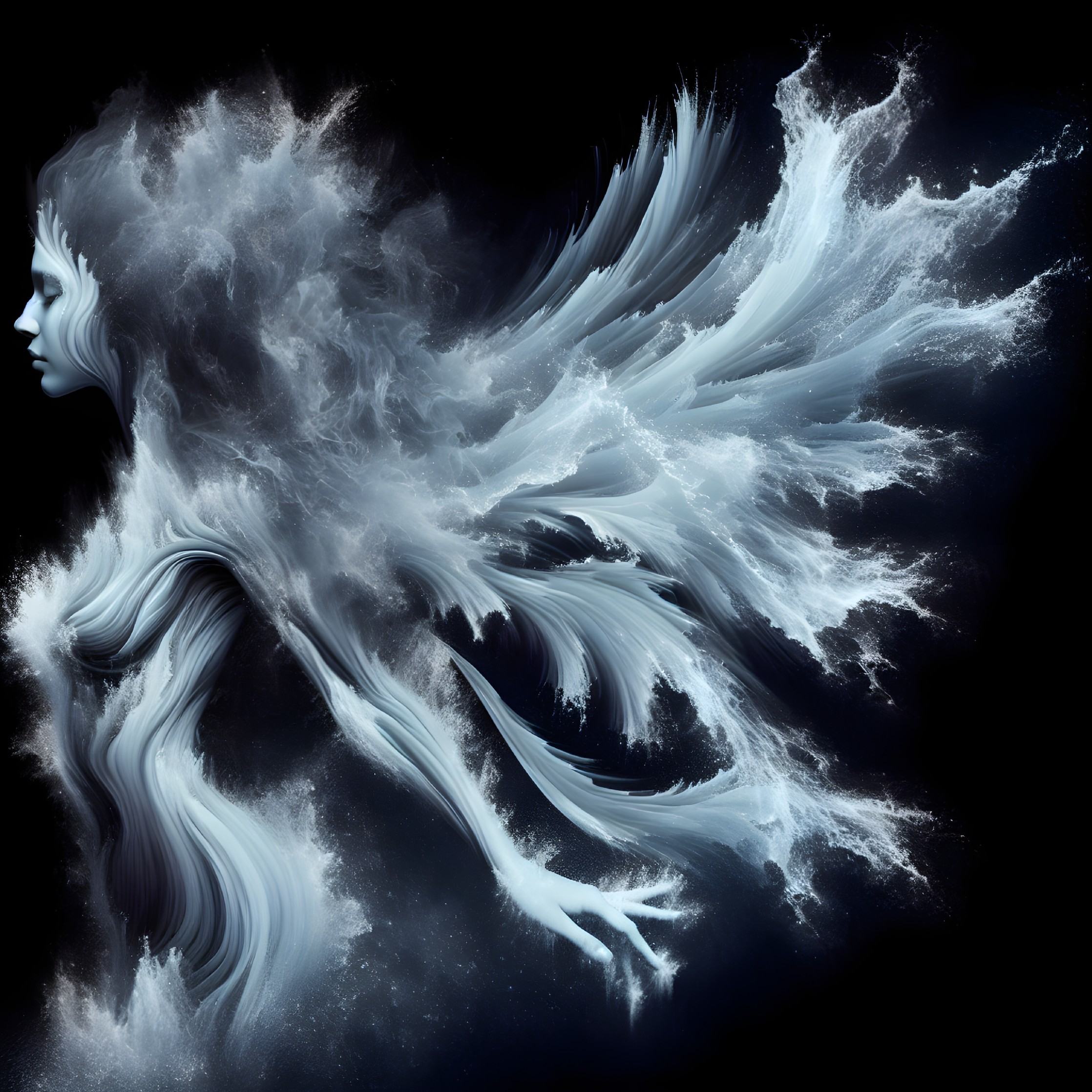 Ethereal Figure in Water and Mist with Flowing Textures